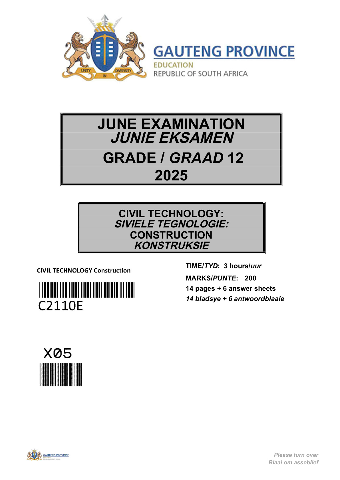 Civil Technology (Gauteng) June 2025 Grade 12 DBE