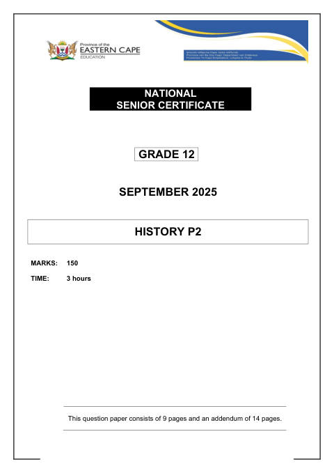 History Grade 12 DBE Caps September 2025 Paper 2 - Question Paper (Eastern Cape)
