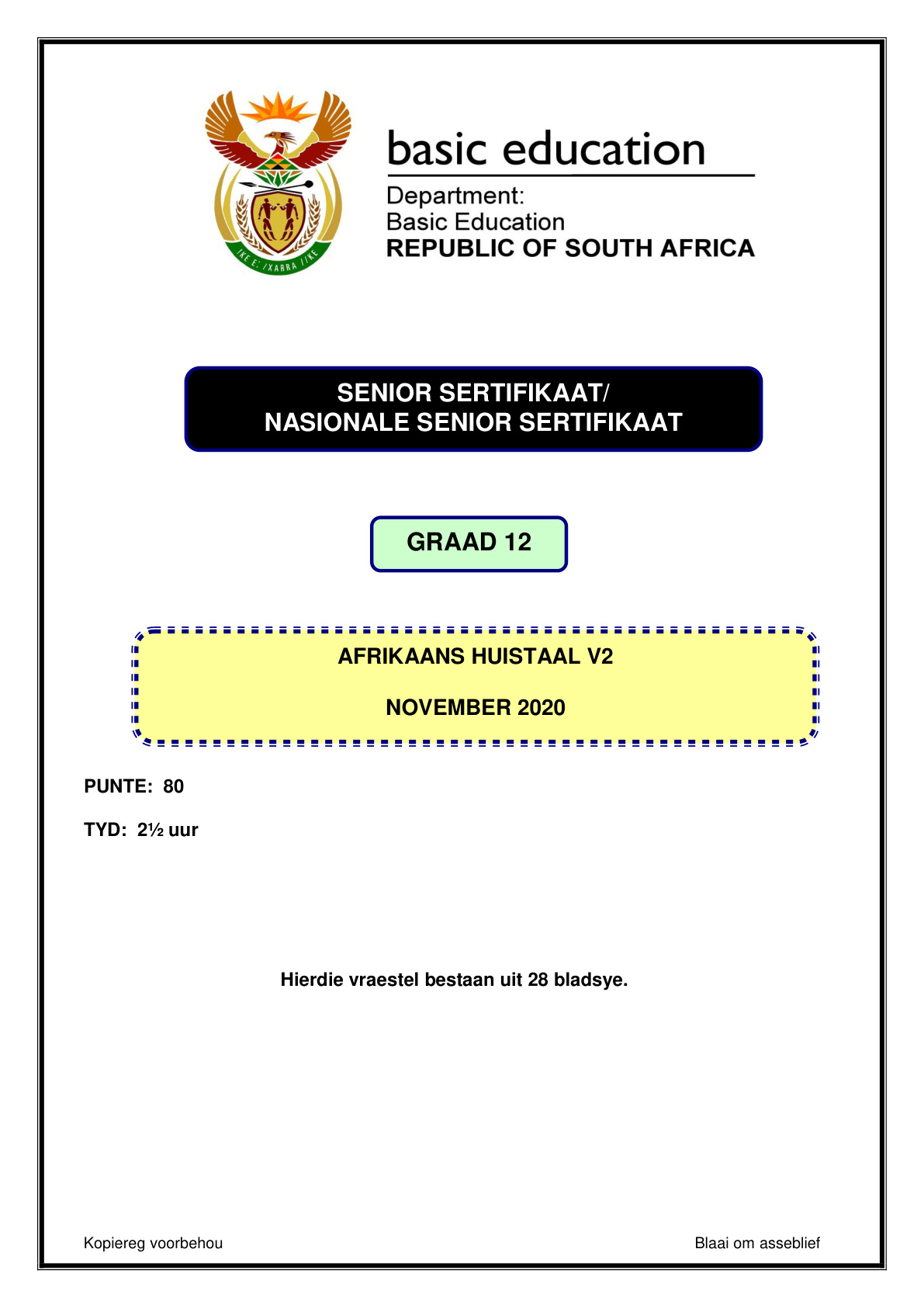 Afrikaans Home Language Paper 2 (Gauteng) November 2020 Grade 12 DBE