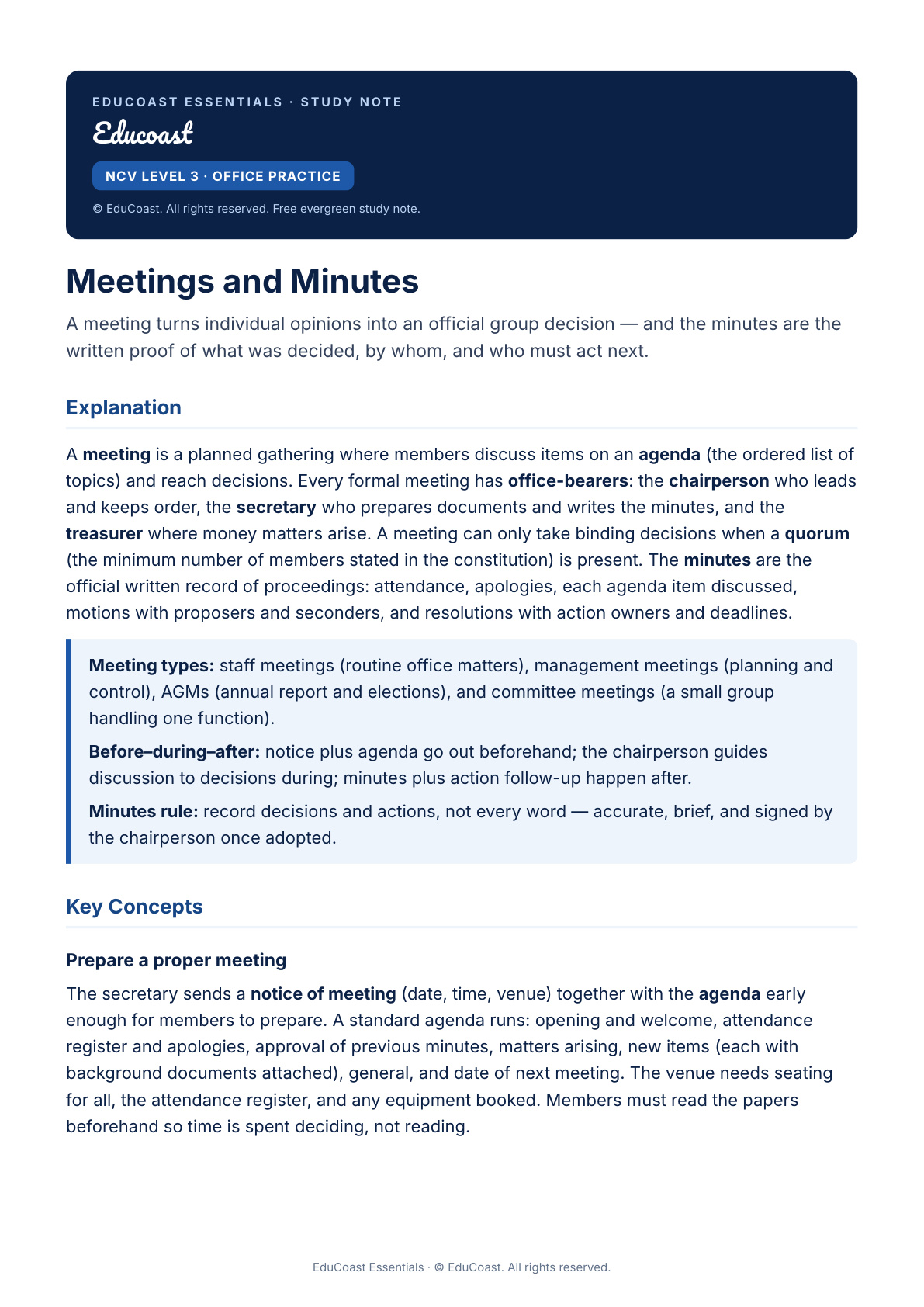 Meetings And Minutes — NCV Level 3 Office Practice