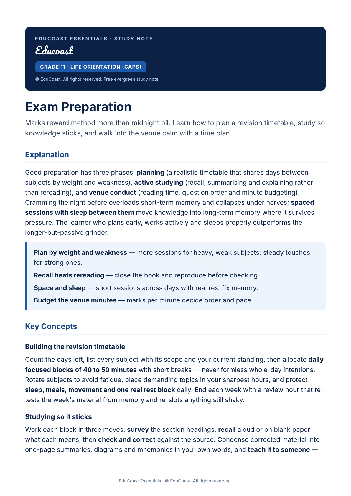 Exam Preparation — Grade 11 Life Orientation (Caps)