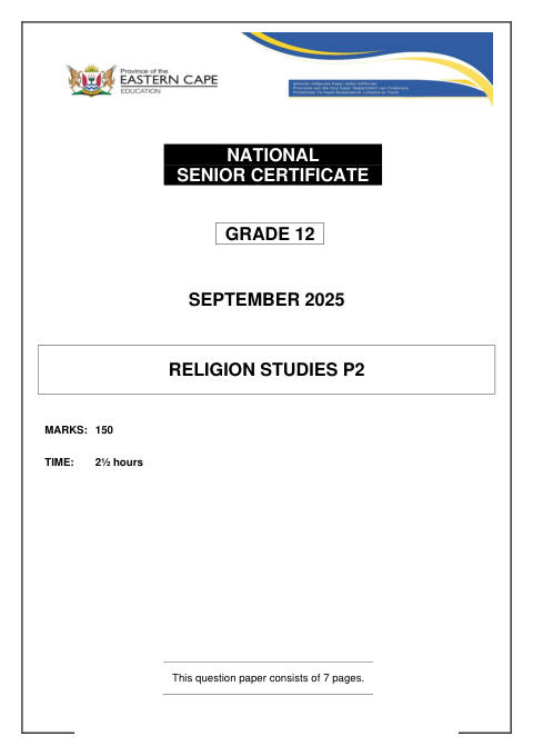 Religion Studies Grade 12 DBE Caps September 2025 Paper 2 - Question Paper (Eastern Cape)