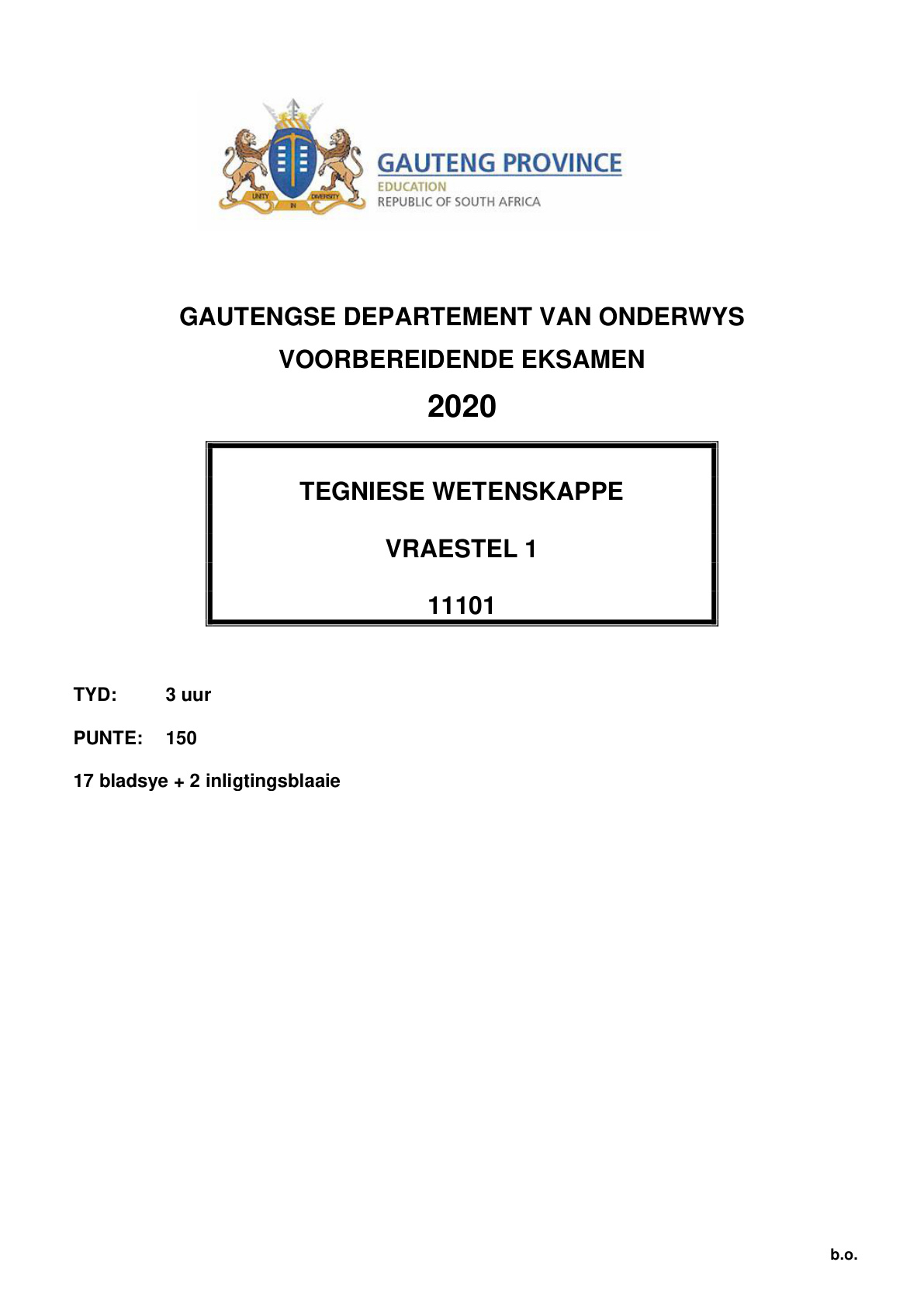 Technical Sciences Paper 1 (Gauteng) Preparatory 2020 Grade 12 DBE