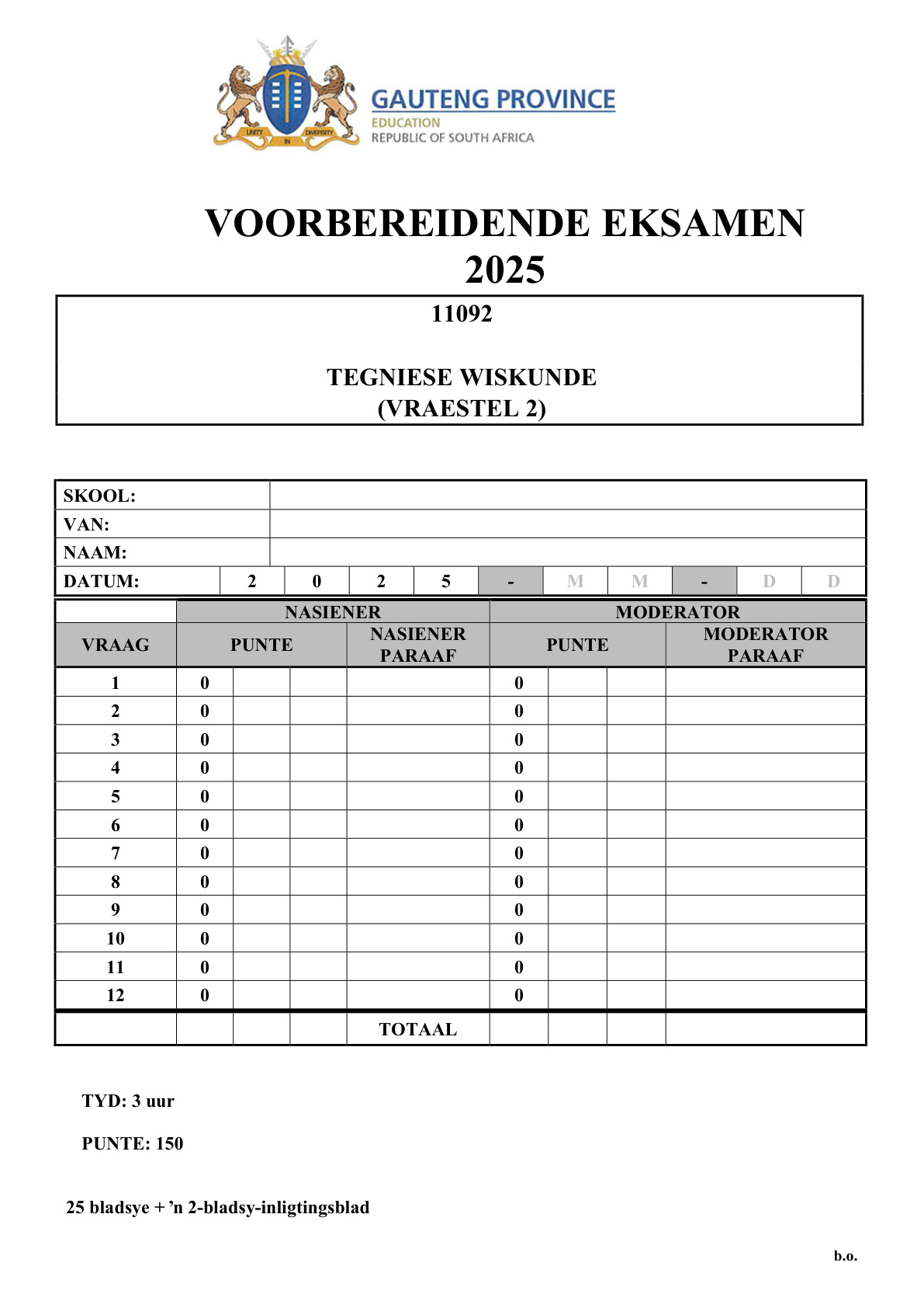 Technical Mathematics Paper 2 (Gauteng) Preparatory 2025 Grade 12 DBE
