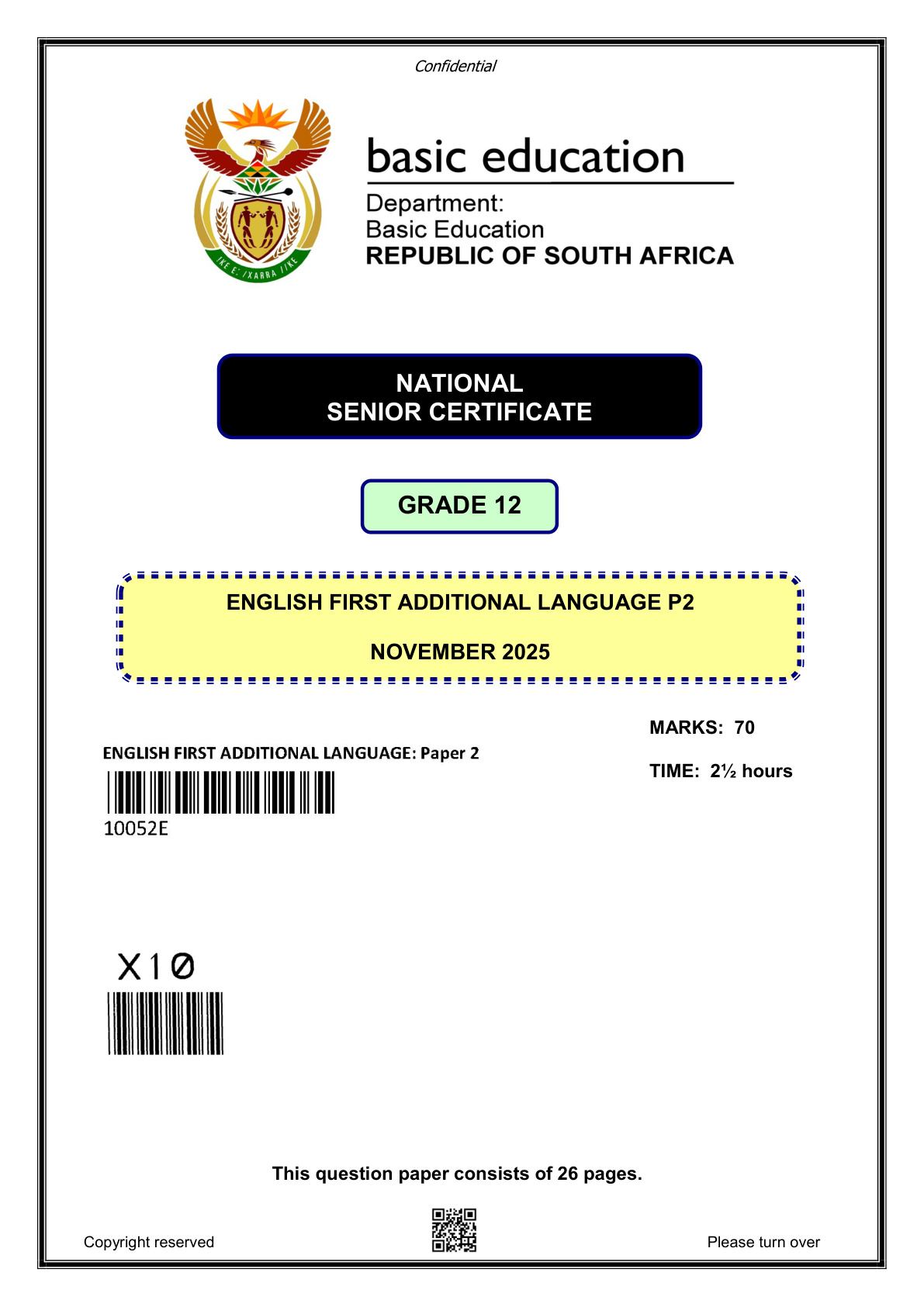 English First Additional Language Paper 2 (Gauteng) November 2025 Grade 12 DBE