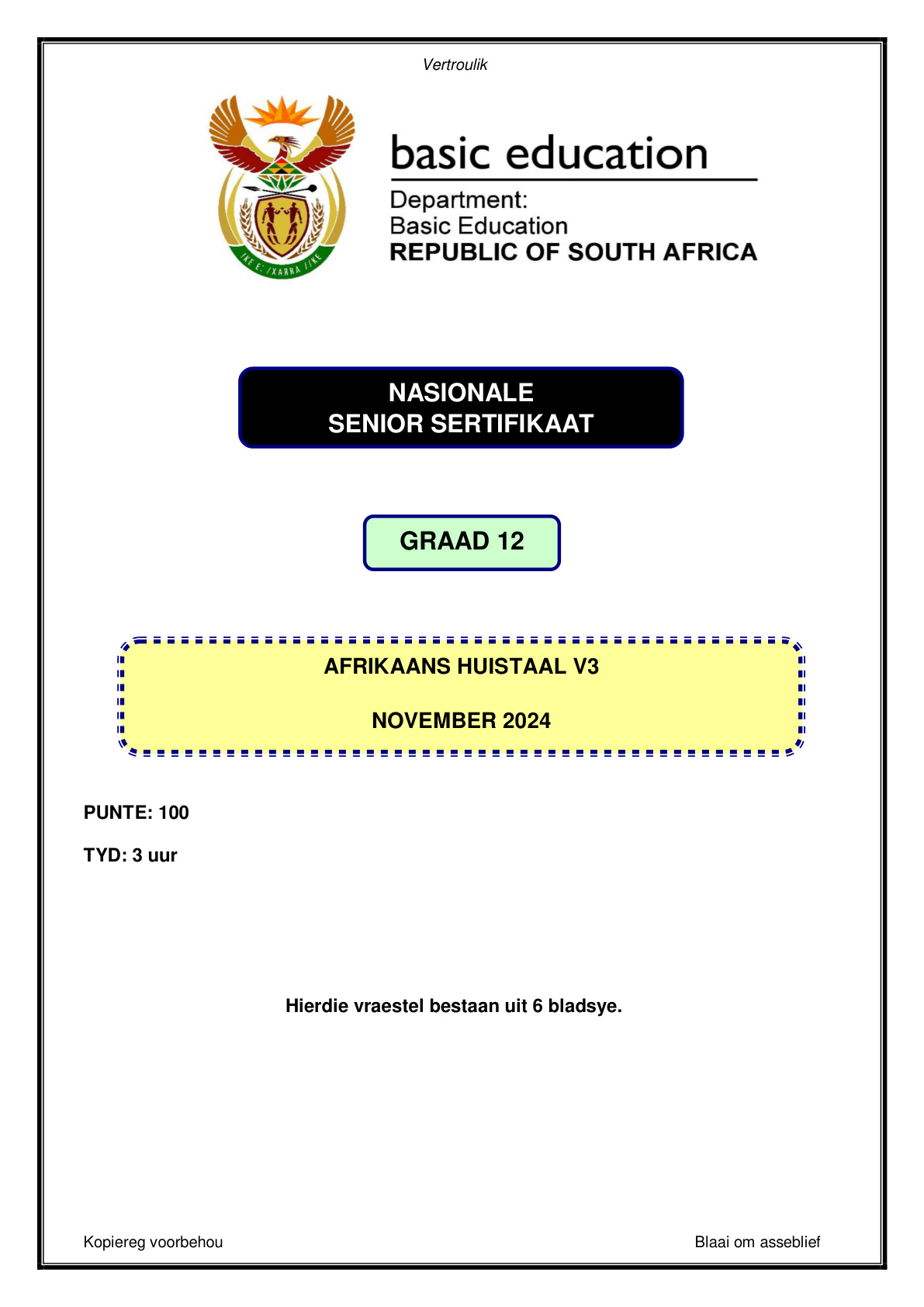Afrikaans Home Language Paper 3 (Gauteng) November 2024 Grade 12 DBE