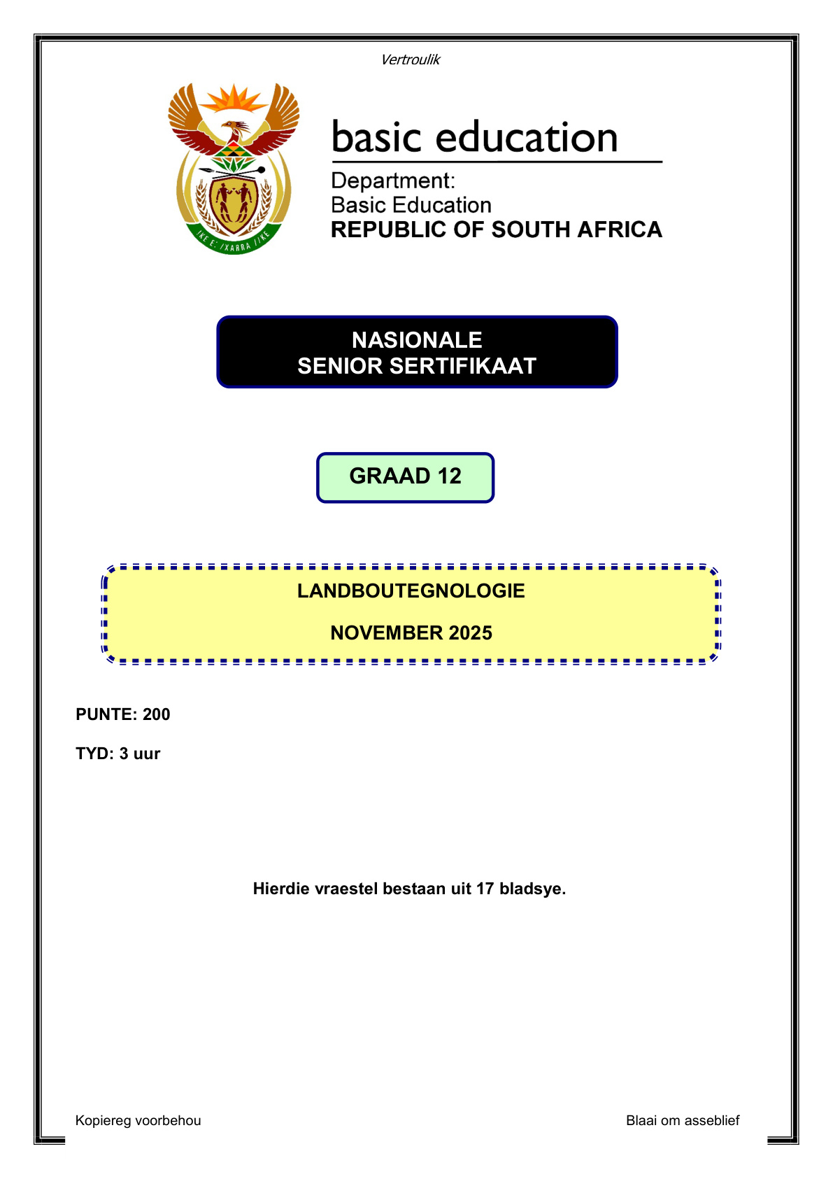 Agricultural Technology Grade 12 DBE NSC November 2025 - Question Paper (Eastern Cape)