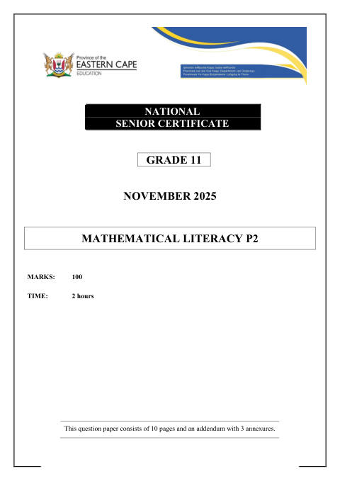 Mathematical Literacy Grade 11 DBE Caps November 2025 Paper 2 - Question Paper (Eastern Cape)