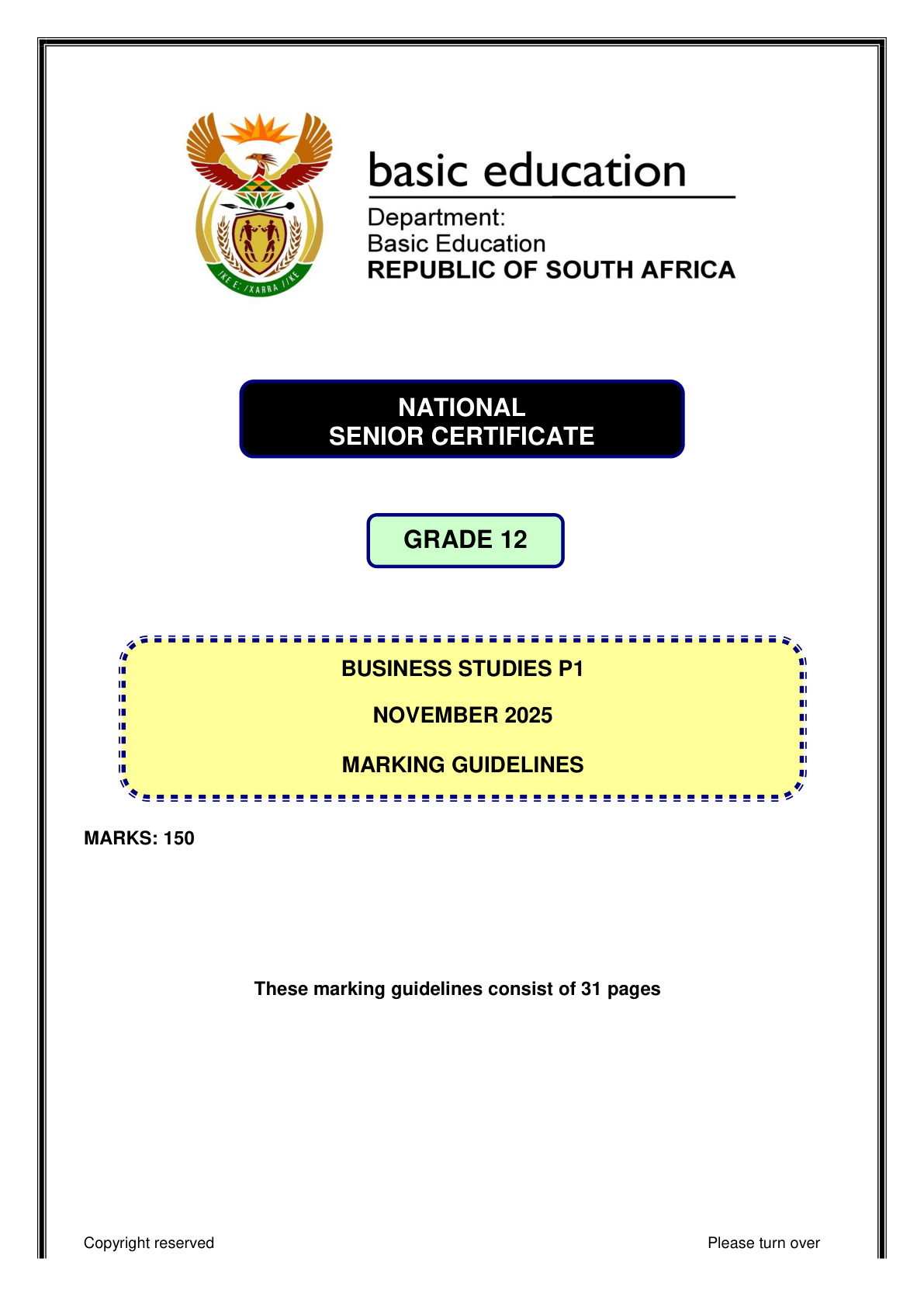 Business Studies Grade 12 DBE NSC November 2025 Paper 1 - Memo (Eastern Cape)