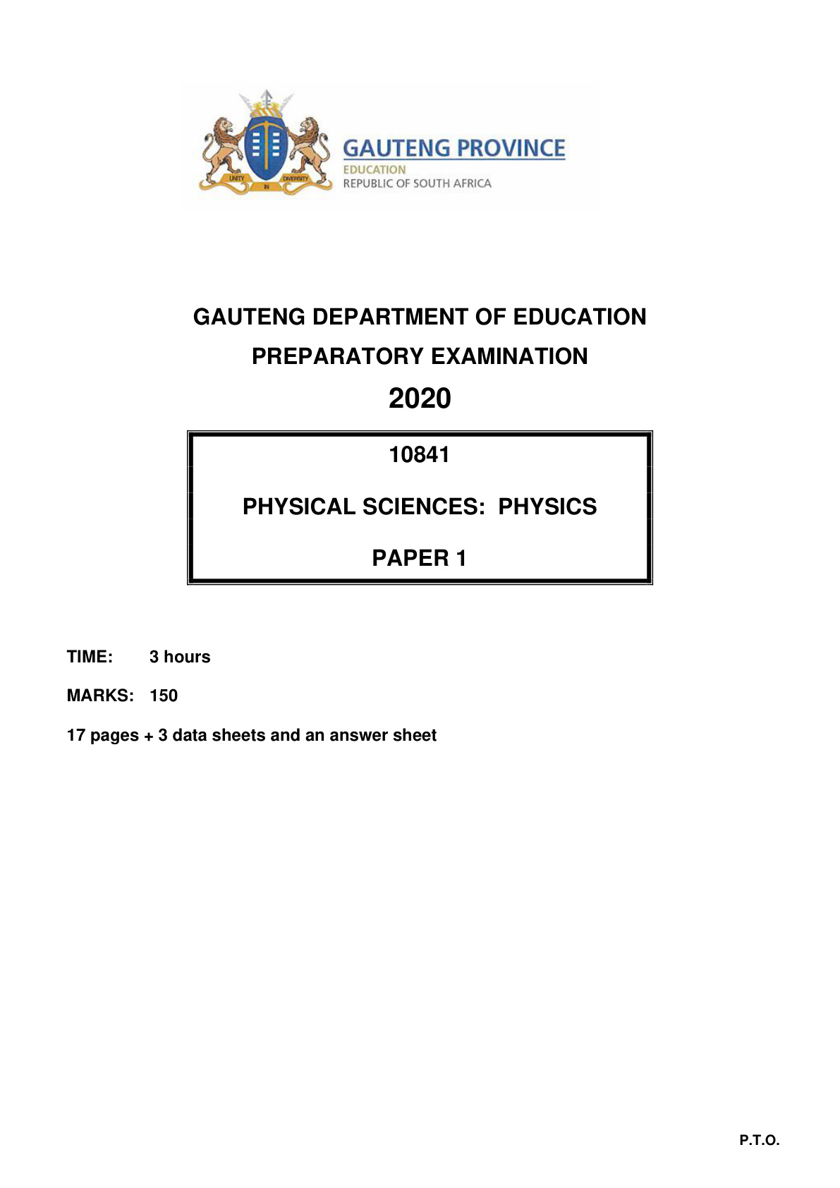 Physical Sciences Paper 1 (Gauteng) Preparatory 2020 Grade 12 DBE