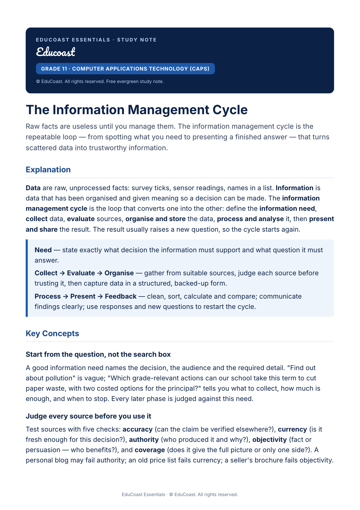 Info Cycle — Grade 11 Cat (Caps)