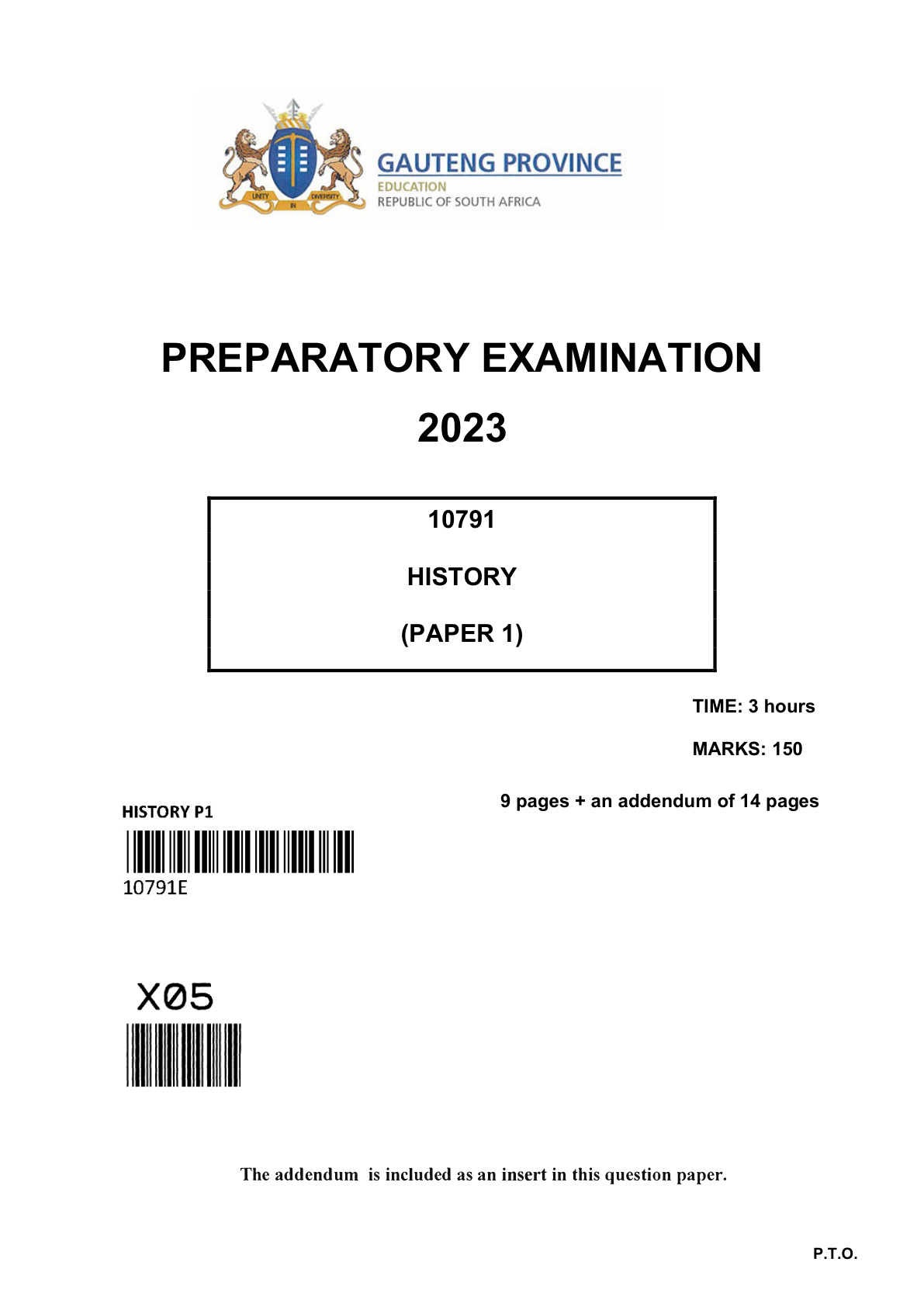 History Paper 1 (Gauteng) Preparatory 2023 Grade 12 DBE