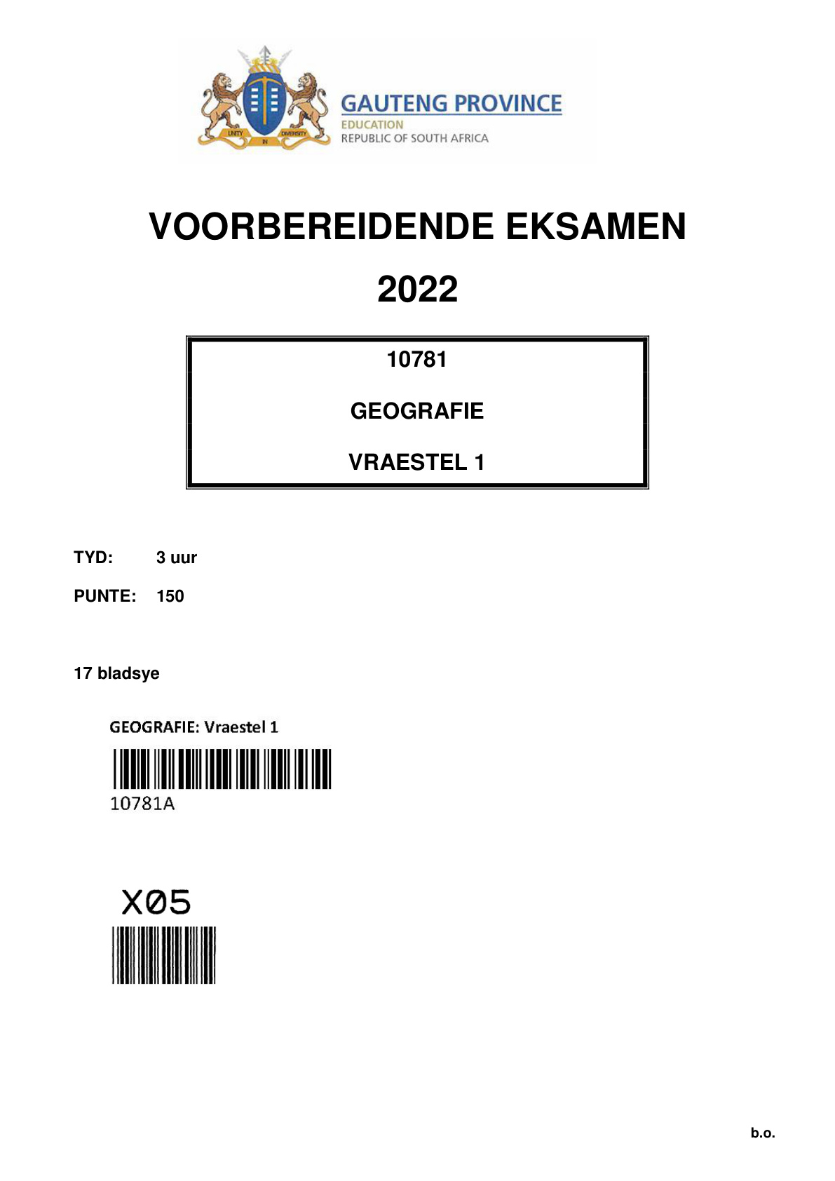 Geography Paper 1 (Gauteng) Preparatory 2022 Grade 12 DBE