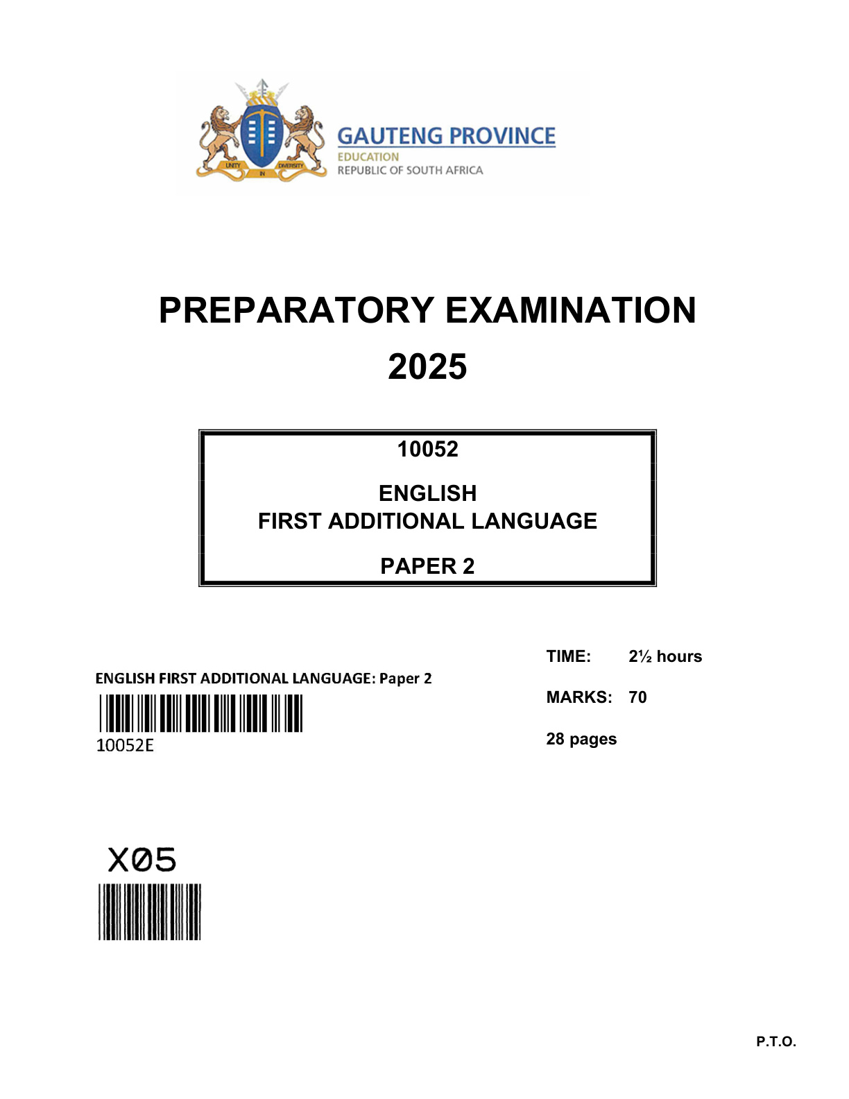 English First Additional Language Paper 2 (Gauteng) Preparatory 2025 Grade 12 DBE