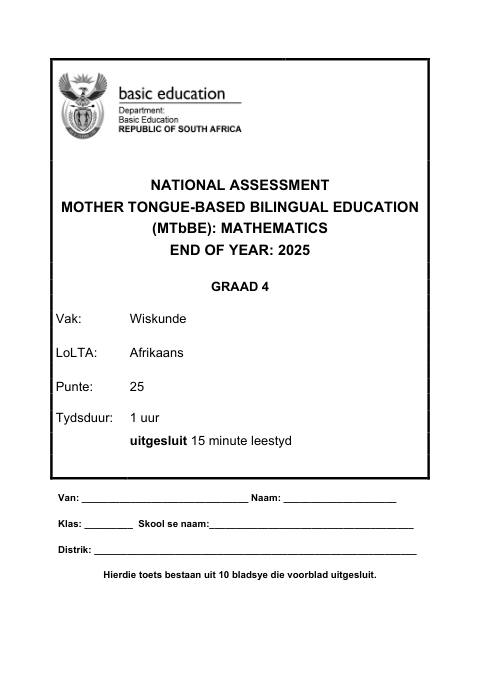 Mathematics Grade 4 DBE CAPS November 2025 - Question Paper (Eastern Cape)