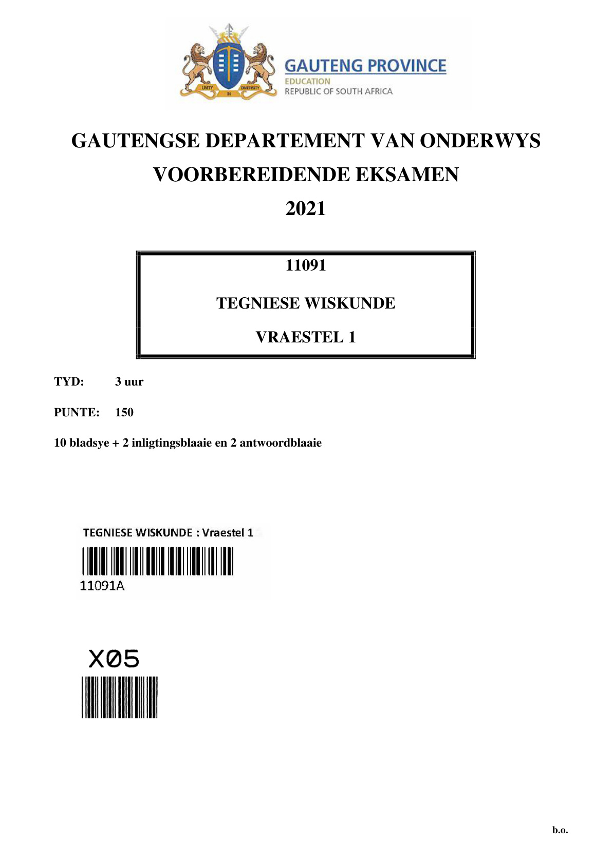 Technical Mathematics Paper 1 (Gauteng) Preparatory 2021 Grade 12 DBE