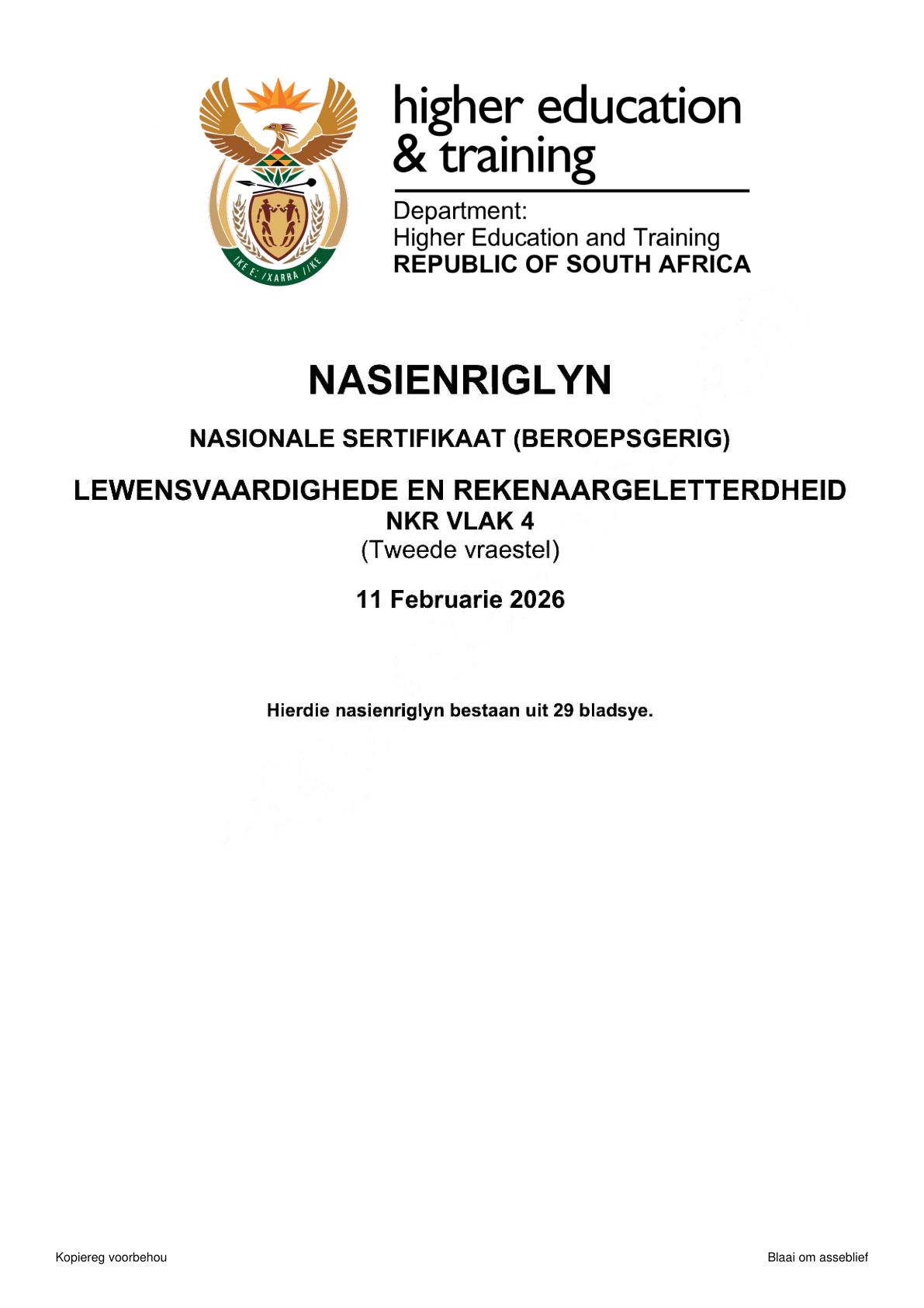 Lewensvaardighede En Rekenaargeletterdheid Level 4 Dhet NCV 2026 - Memo