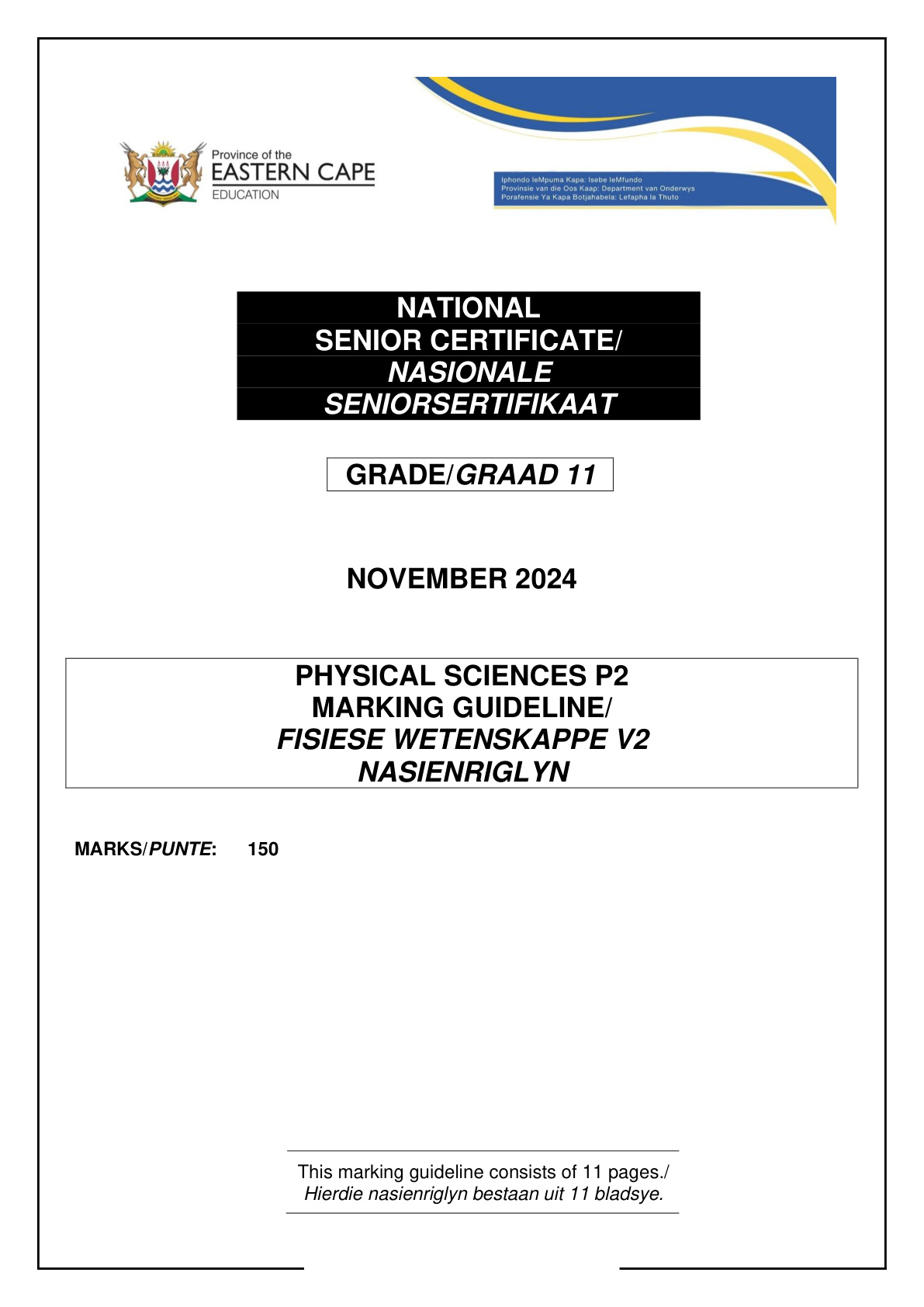 Physical Sciences Grade 11 DBE NSC November 2024 - Memo