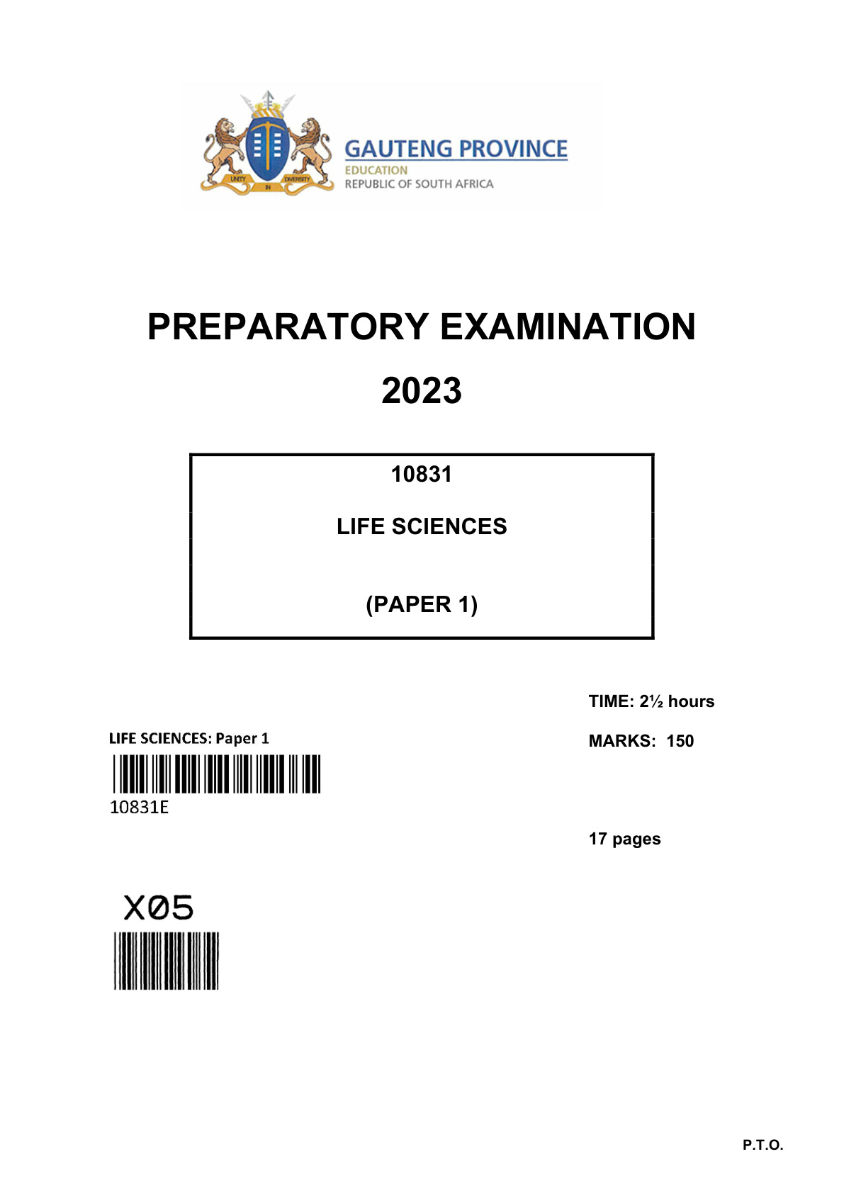 Life Sciences Paper 1 (Gauteng) Preparatory 2023 Grade 12 DBE