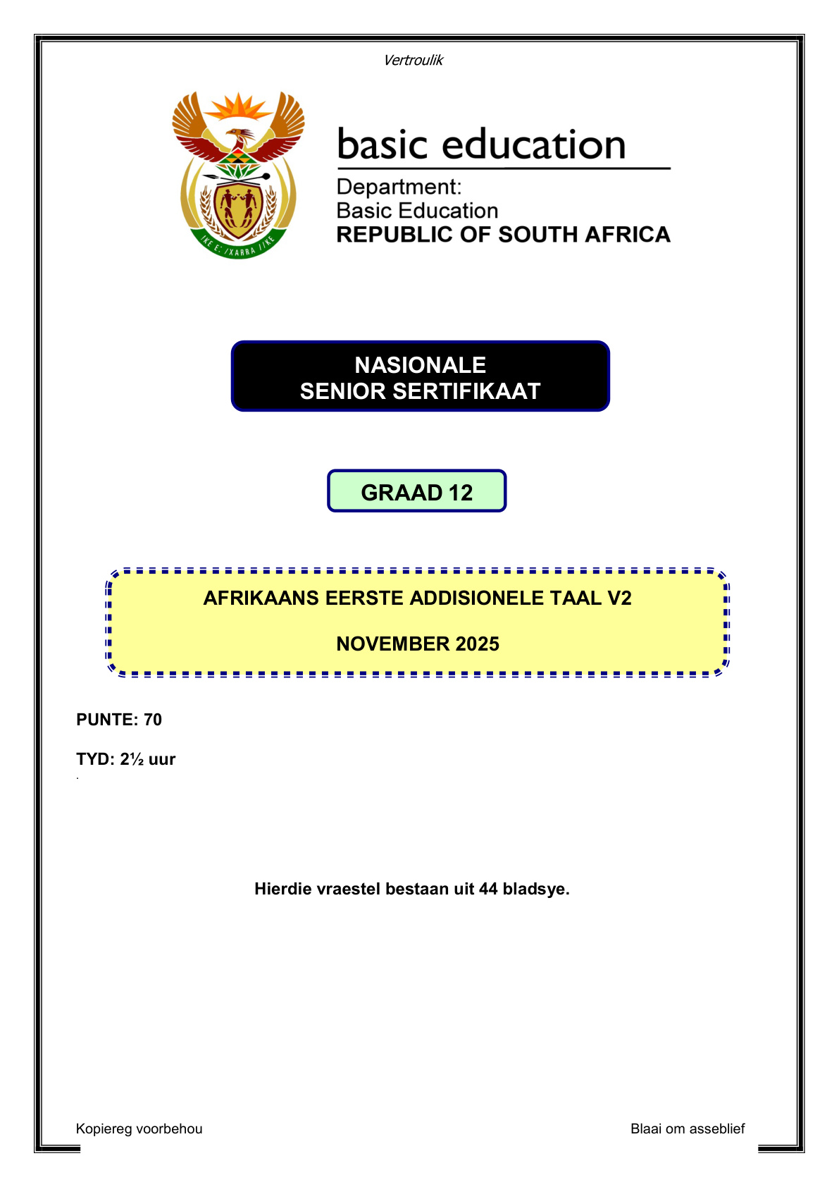 Afrikaans First Additional Language Grade 12 DBE NSC November 2025 Paper 2 - Question Paper (Eastern Cape)