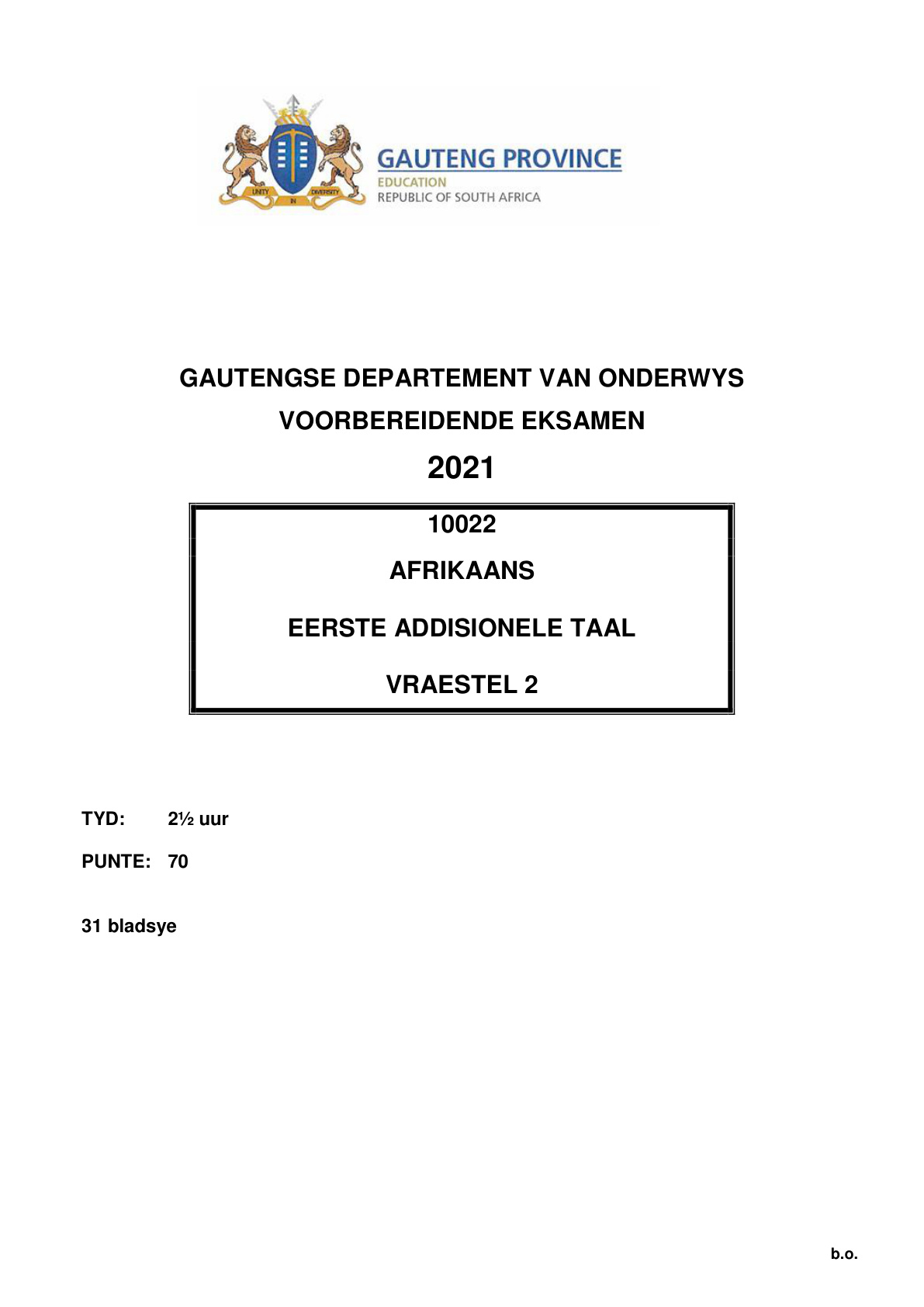 Afrikaans First Additional Language Paper 2 (Gauteng) Preparatory 2021 Grade 12 DBE
