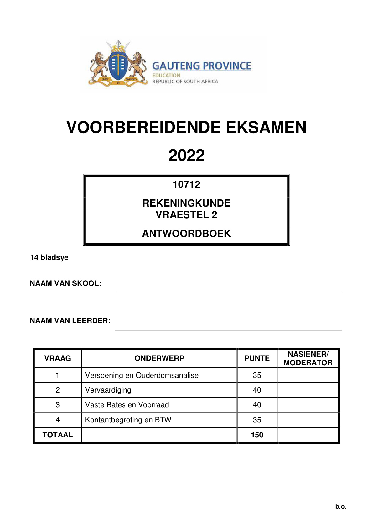 Accounting Paper 2 Answer Book (Gauteng) Preparatory 2022 Grade 12 DBE
