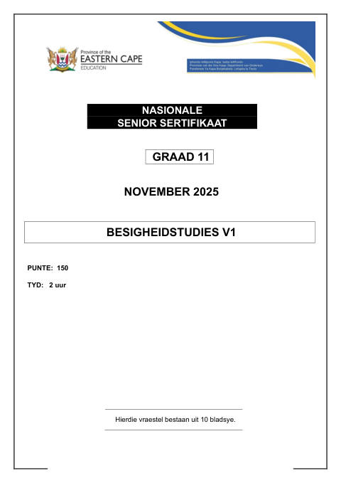 Business Studies Grade 11 DBE Caps November 2025 Paper 1 - Question Paper (Eastern Cape)