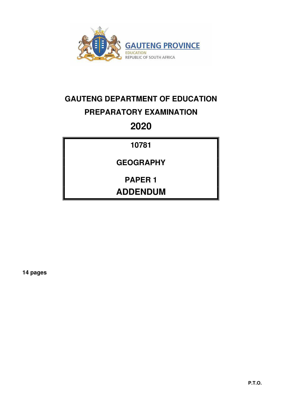 Geography Paper 1 Addendum (Gauteng) Preparatory 2020 Grade 12 DBE