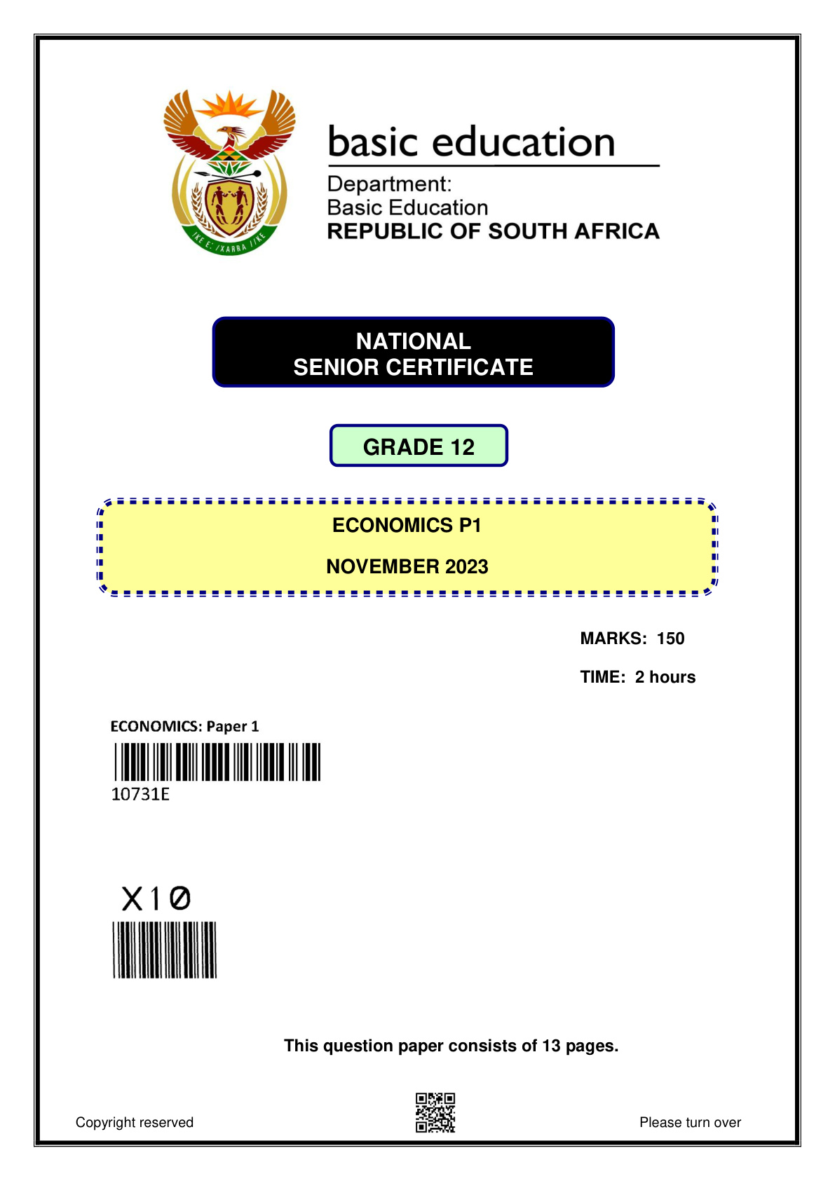 Economics Paper 1 (Gauteng) November 2023 Grade 12 DBE