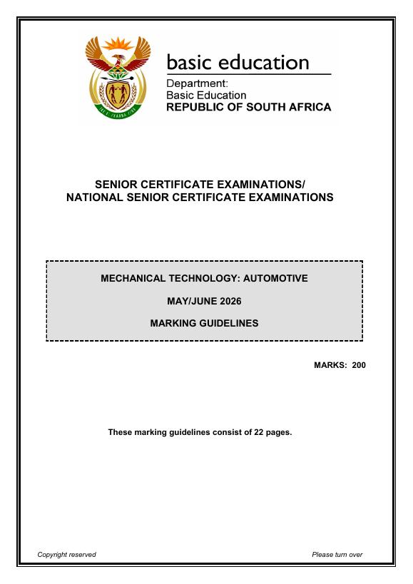 Mechanical Technology Grade 12 DBE CAPS May 2026 Paper 1 - Memo