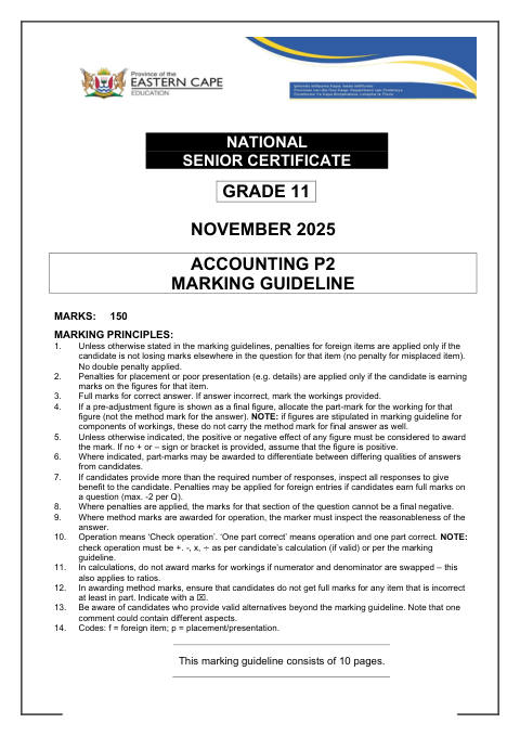 Accounting Grade 11 DBE Caps November 2025 Paper 2 - Memo (Eastern Cape)