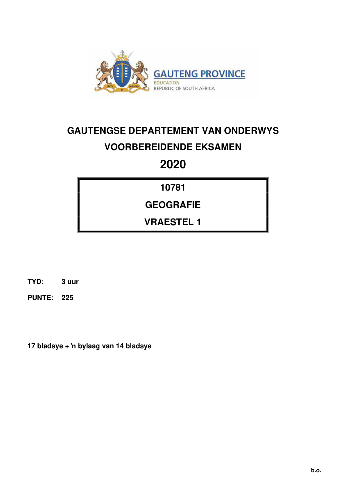 Geography Paper 1 (Gauteng) Preparatory 2020 Grade 12 DBE