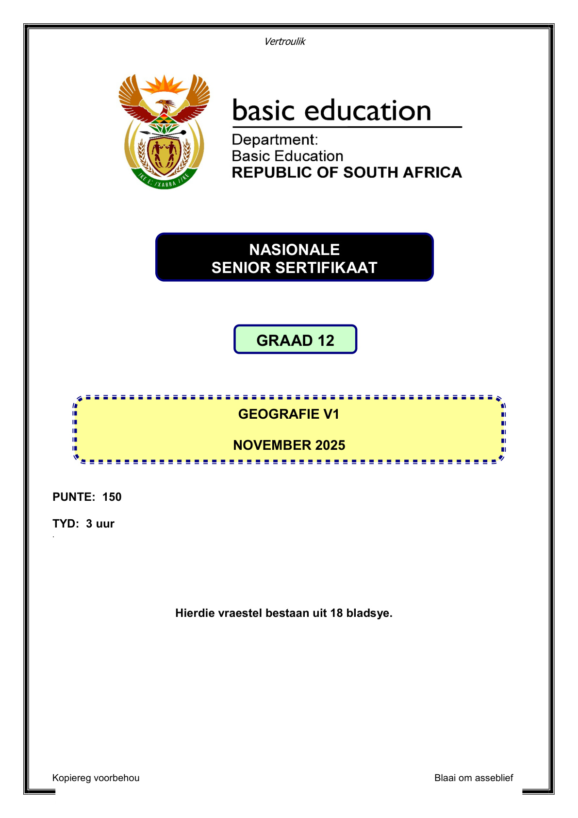 Geography Grade 12 DBE NSC November 2025 Paper 1 - Question Paper (Eastern Cape)