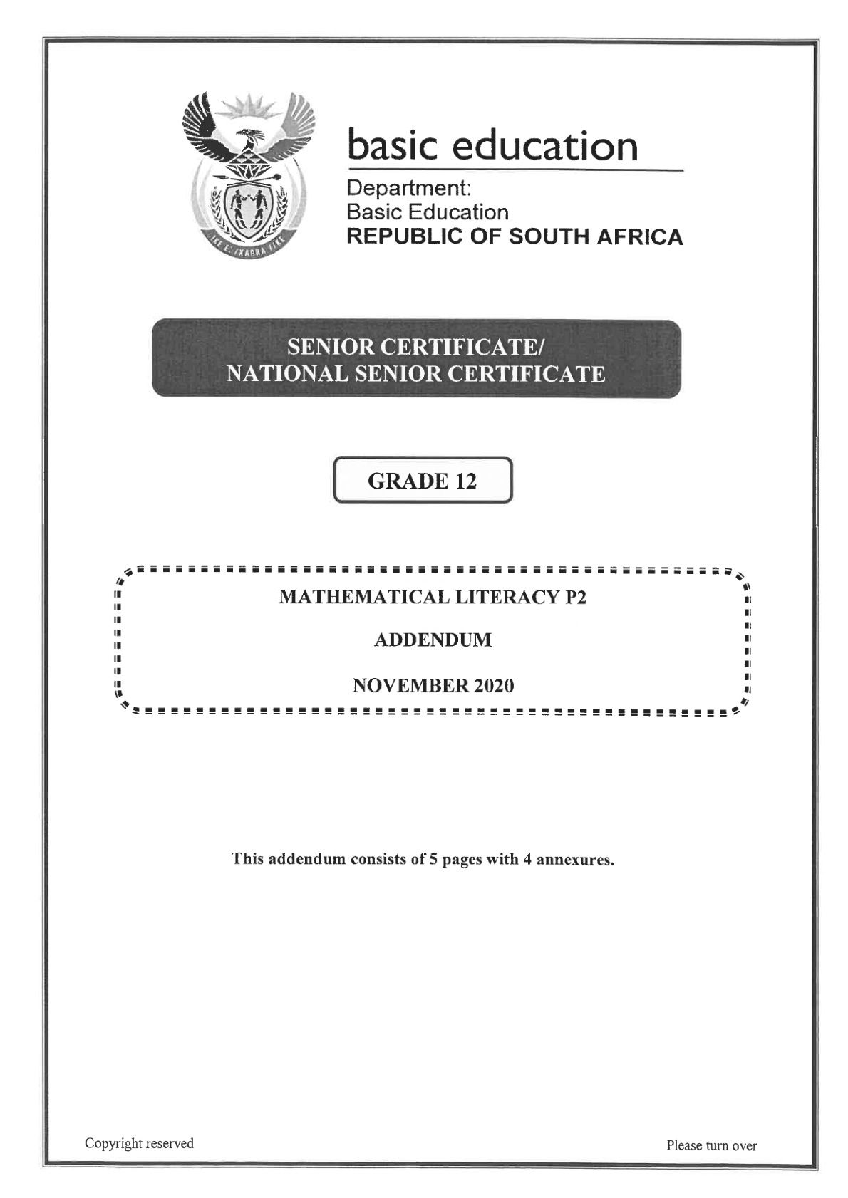 Mathematical Literacy Paper 2 Addendum (Gauteng) November 2020 Grade 12 DBE