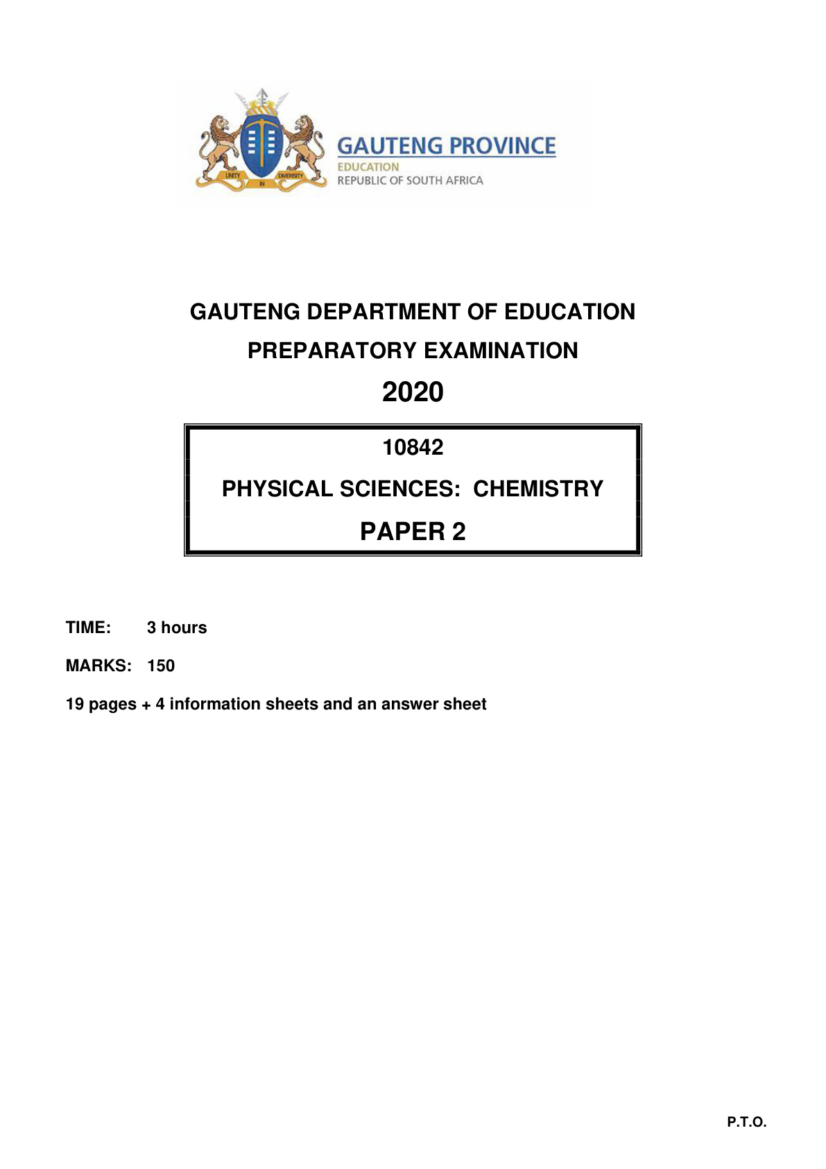 Physical Sciences Paper 2 (Gauteng) Preparatory 2020 Grade 12 DBE