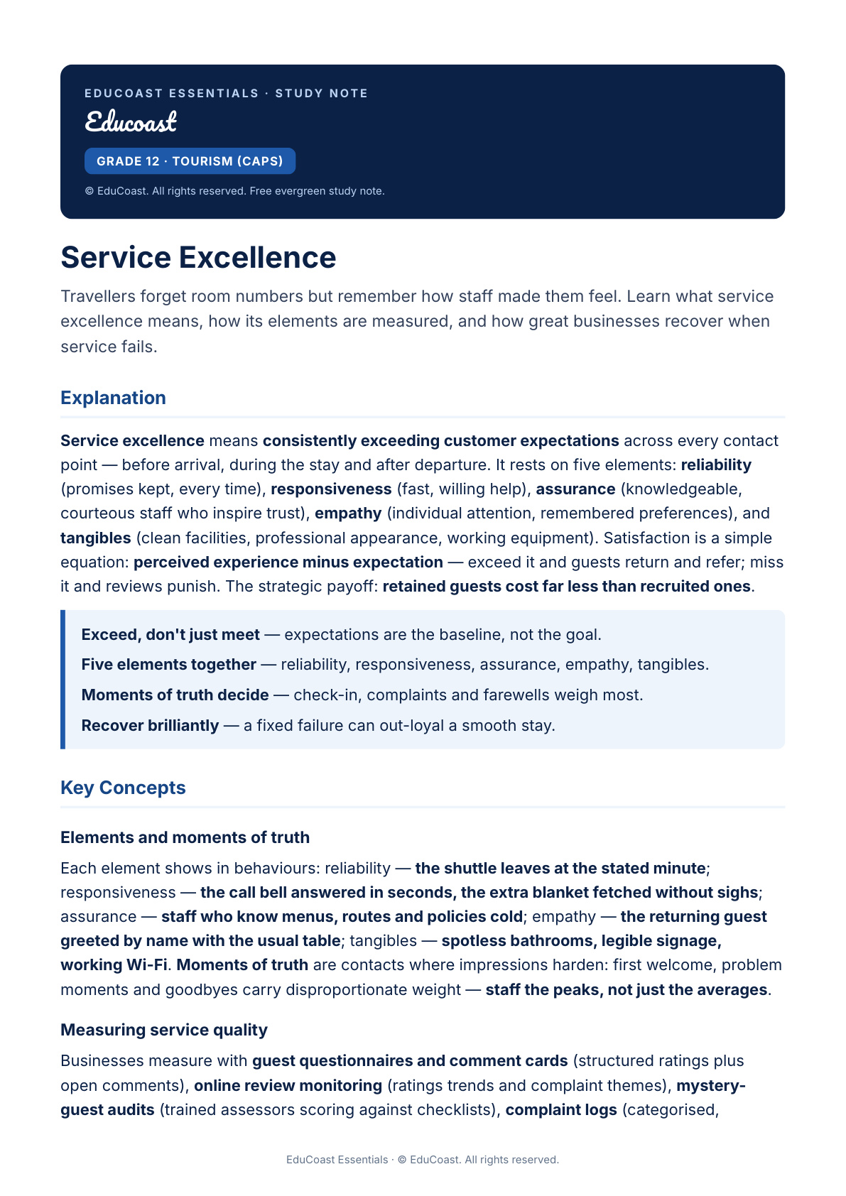 Service Excellence — Grade 12 Tourism (CAPS)