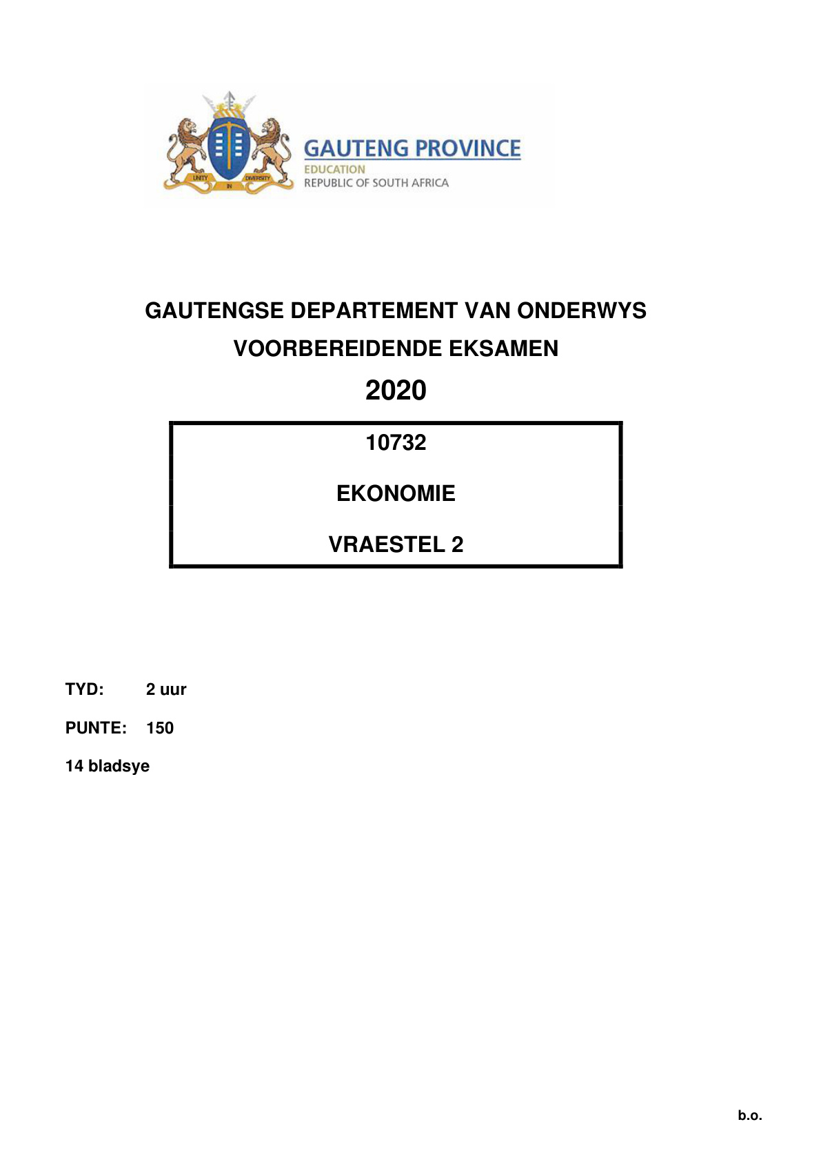 Economics Paper 2 (Gauteng) Preparatory 2020 Grade 12 DBE