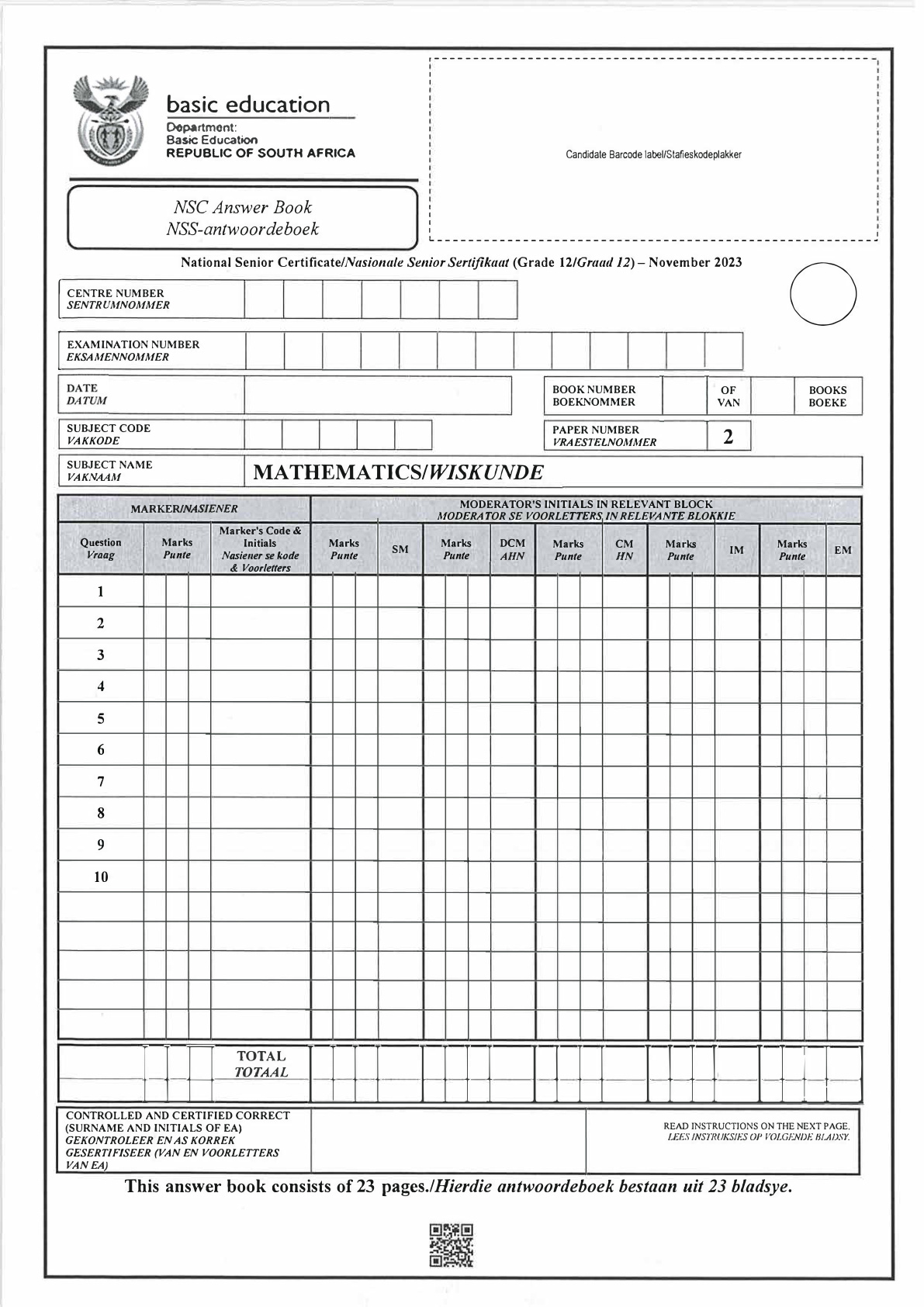 Mathematics Paper 2 (Gauteng) November 2023 Grade 12 DBE