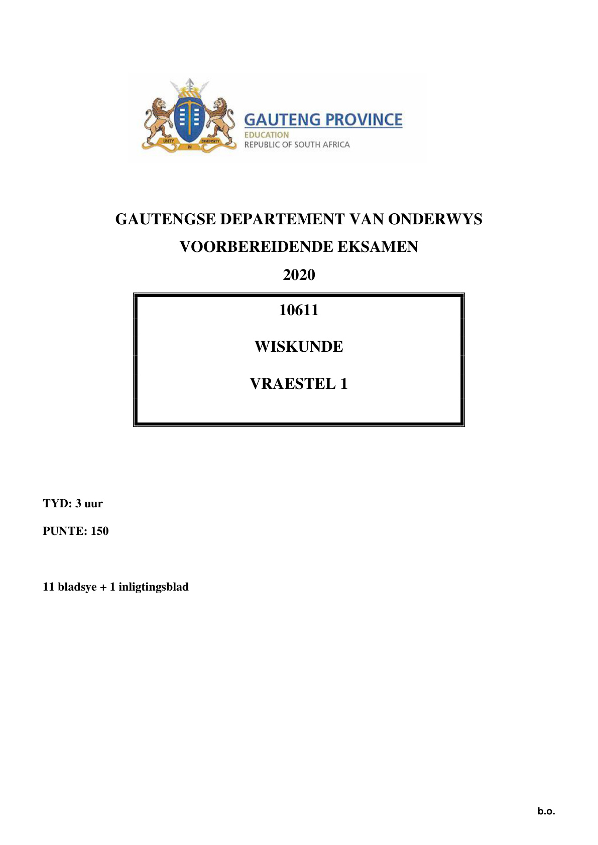 Mathematics Paper 1 (Gauteng) Preparatory 2020 Grade 12 DBE