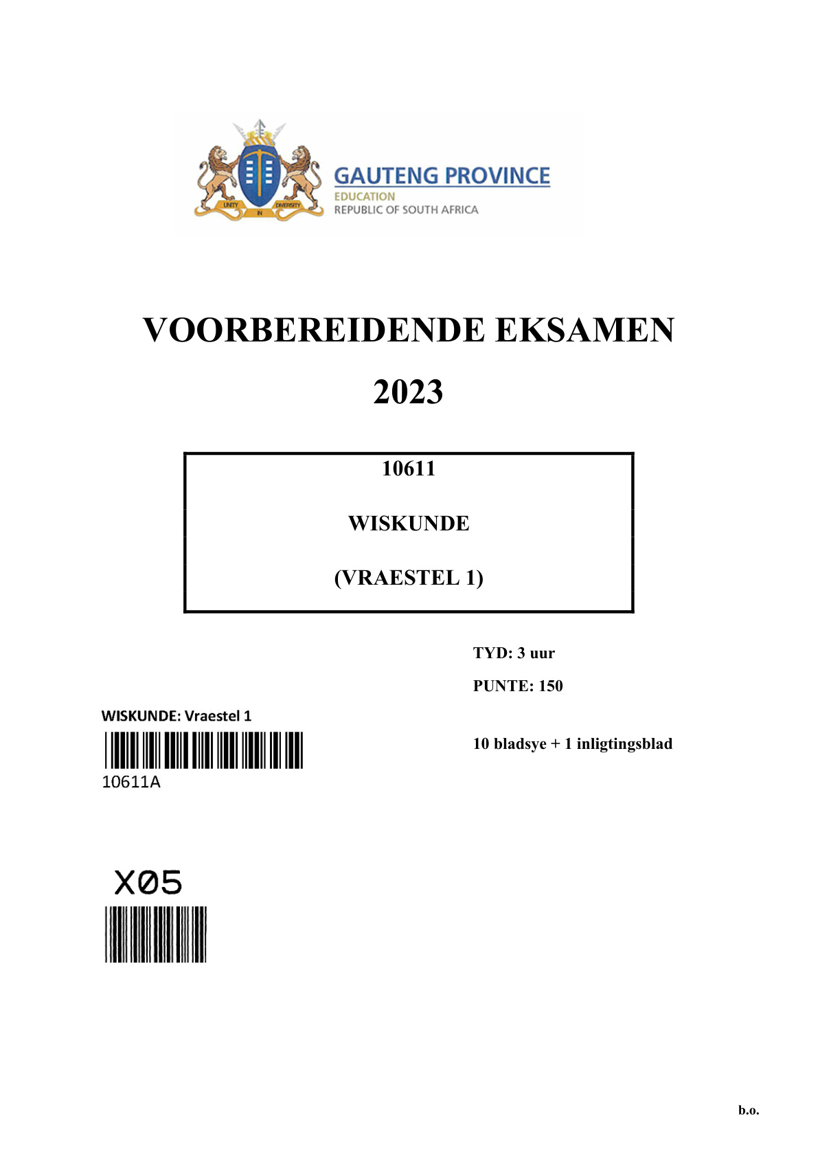 Mathematics Paper 1 (Gauteng) Preparatory 2023 Grade 12 DBE