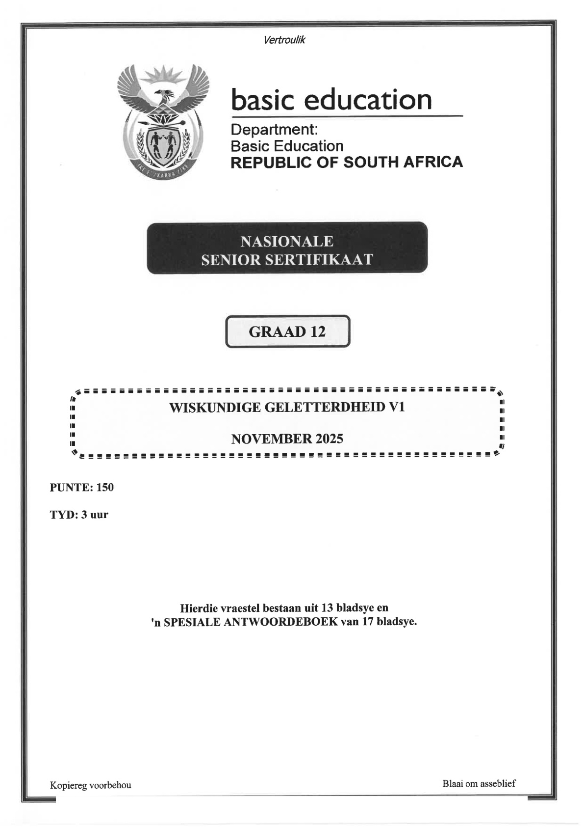 Mathematical Literacy Grade 12 DBE NSC November 2025 Paper 1 - Question Paper (Eastern Cape)