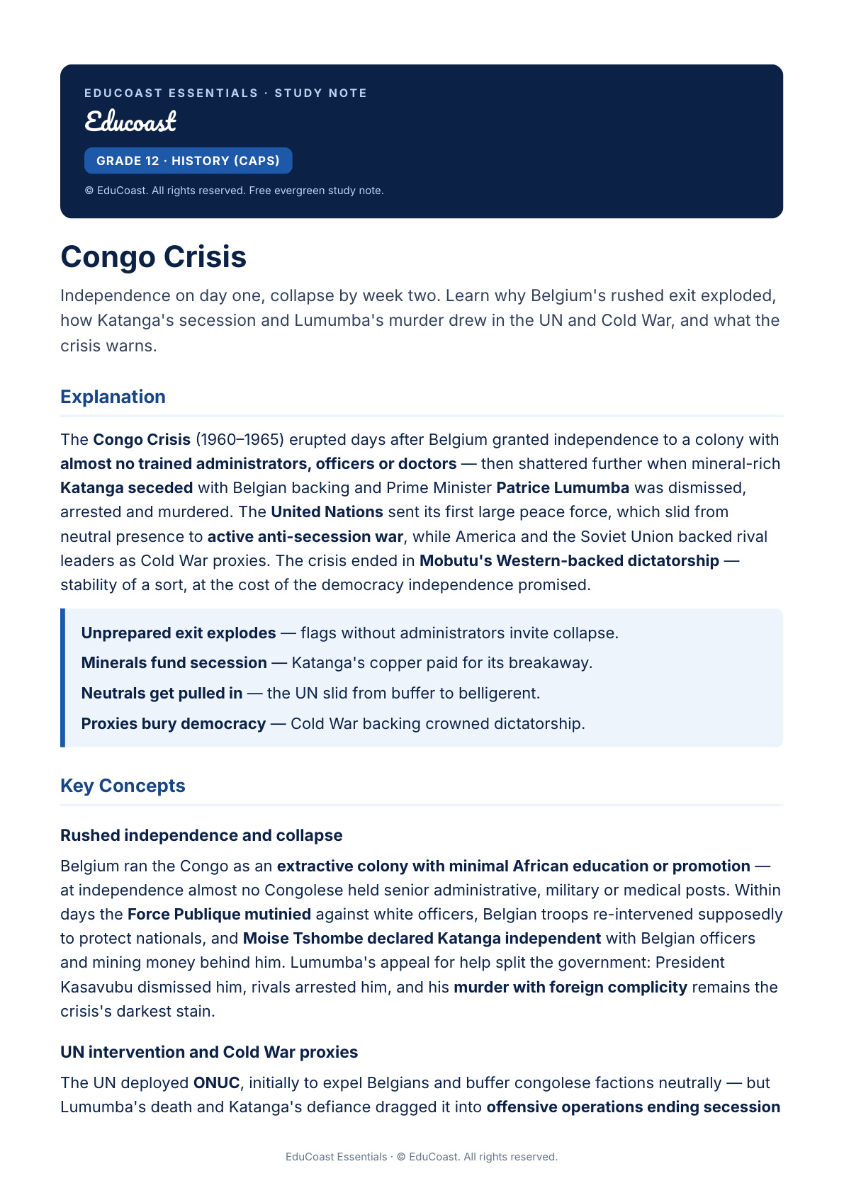 Congo Crisis — Grade 12 History (CAPS)