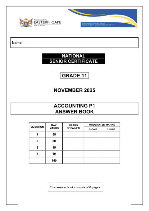 Accounting Grade 11 DBE Caps November 2025 Paper 1 - Answer Book (Eastern Cape)