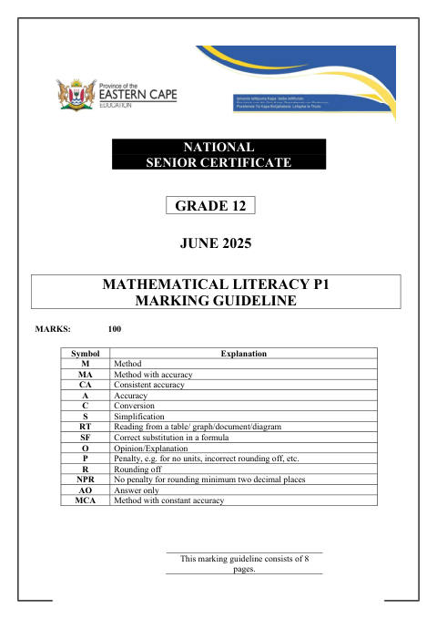 Mathematical Literacy Grade 12 DBE Caps May/June 2025 Paper 1 - Memo (Eastern Cape)