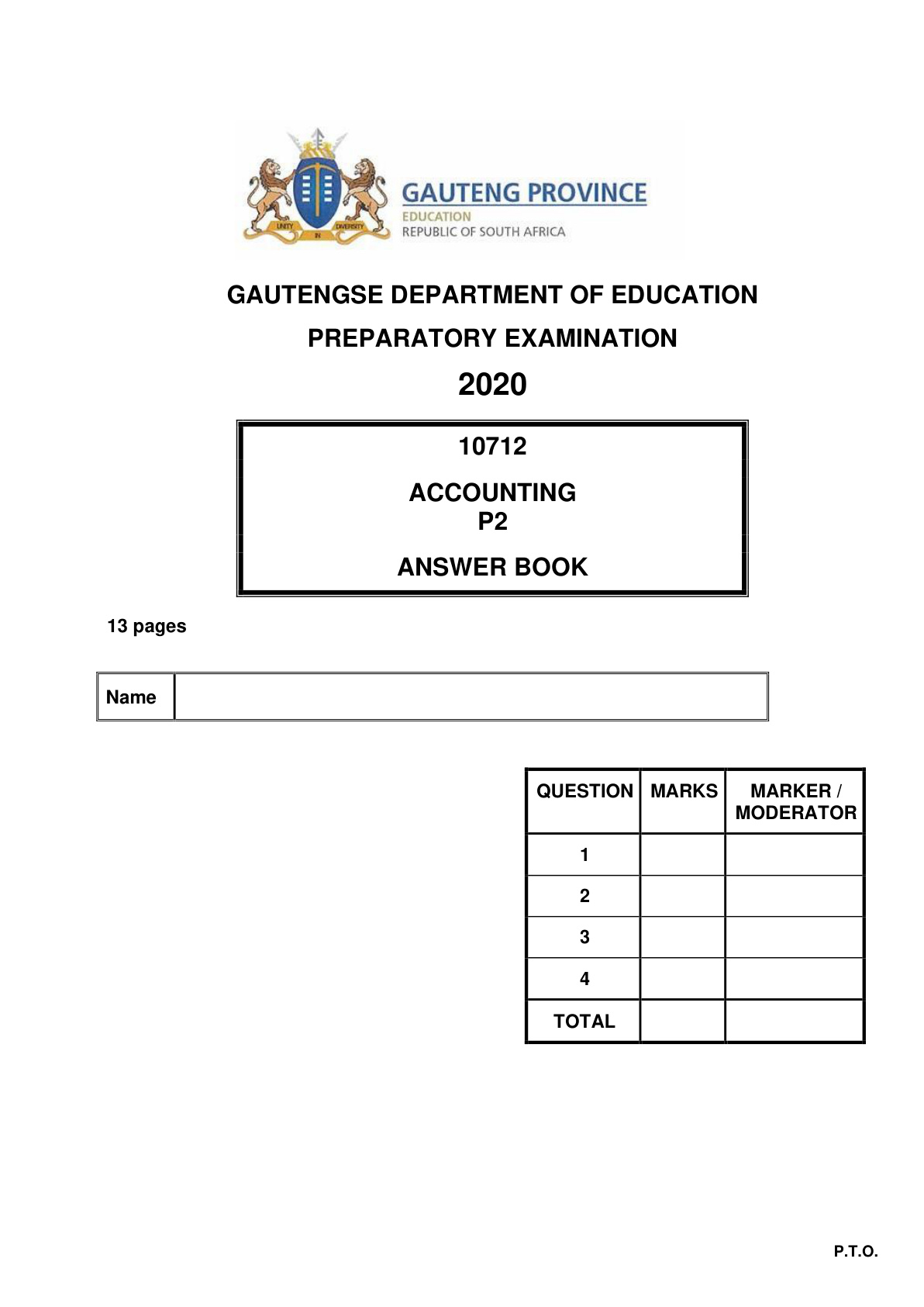 Accounting Paper 2 Answer Book (Gauteng) Preparatory 2020 Grade 12 DBE