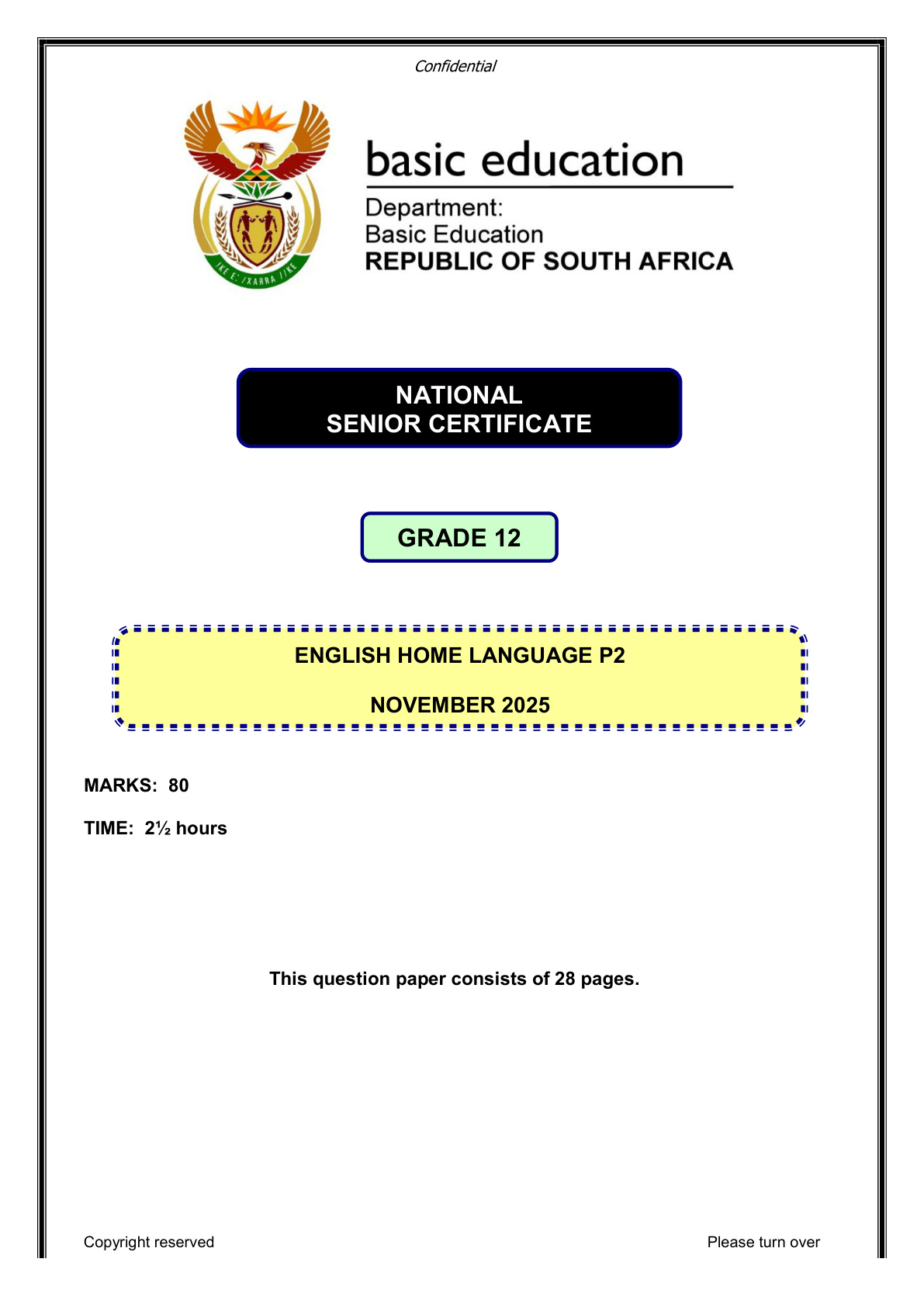 English Home Language Grade 12 DBE NSC November 2025 Paper 2 - Question Paper (Eastern Cape)