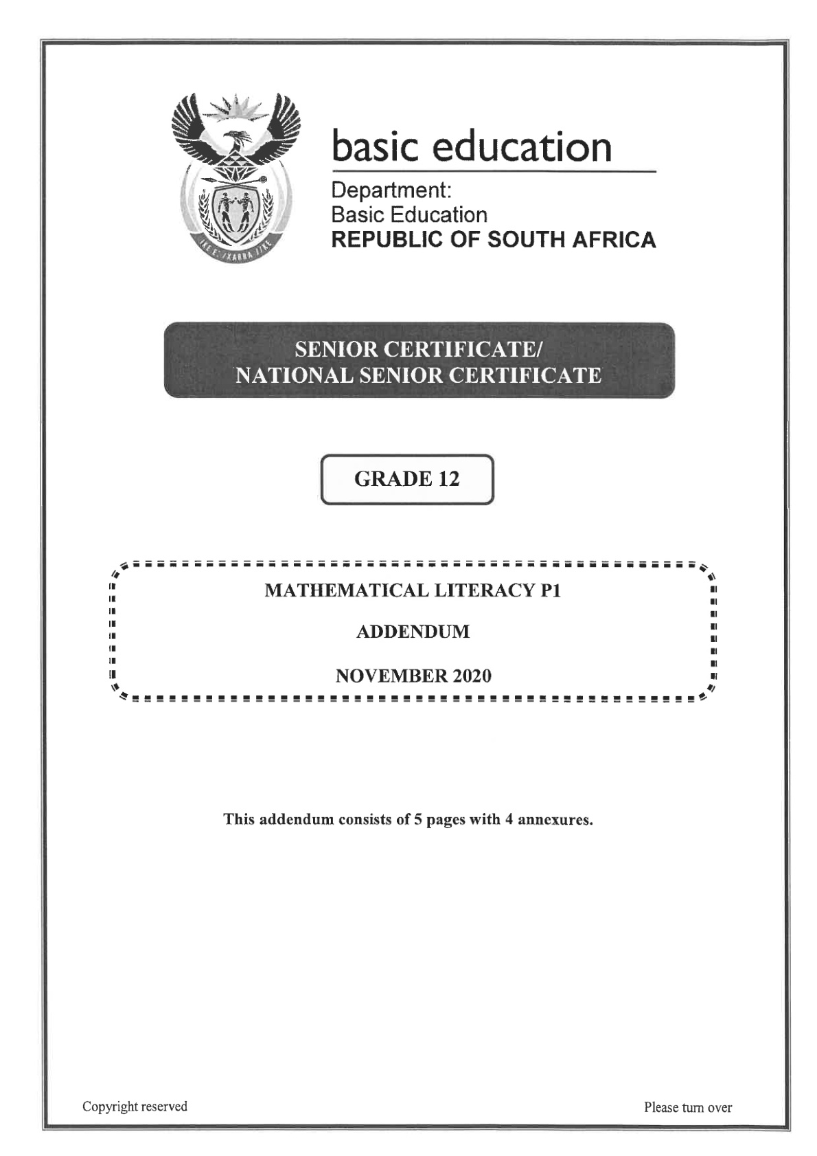 Mathematical Literacy Paper 1 Addendum (Gauteng) November 2020 Grade 12 DBE