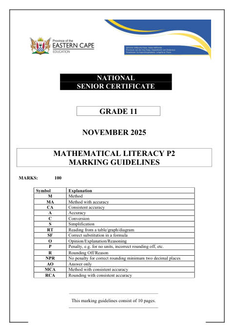Mathematical Literacy Grade 11 DBE Caps November 2025 Paper 2 - Memo (Eastern Cape)