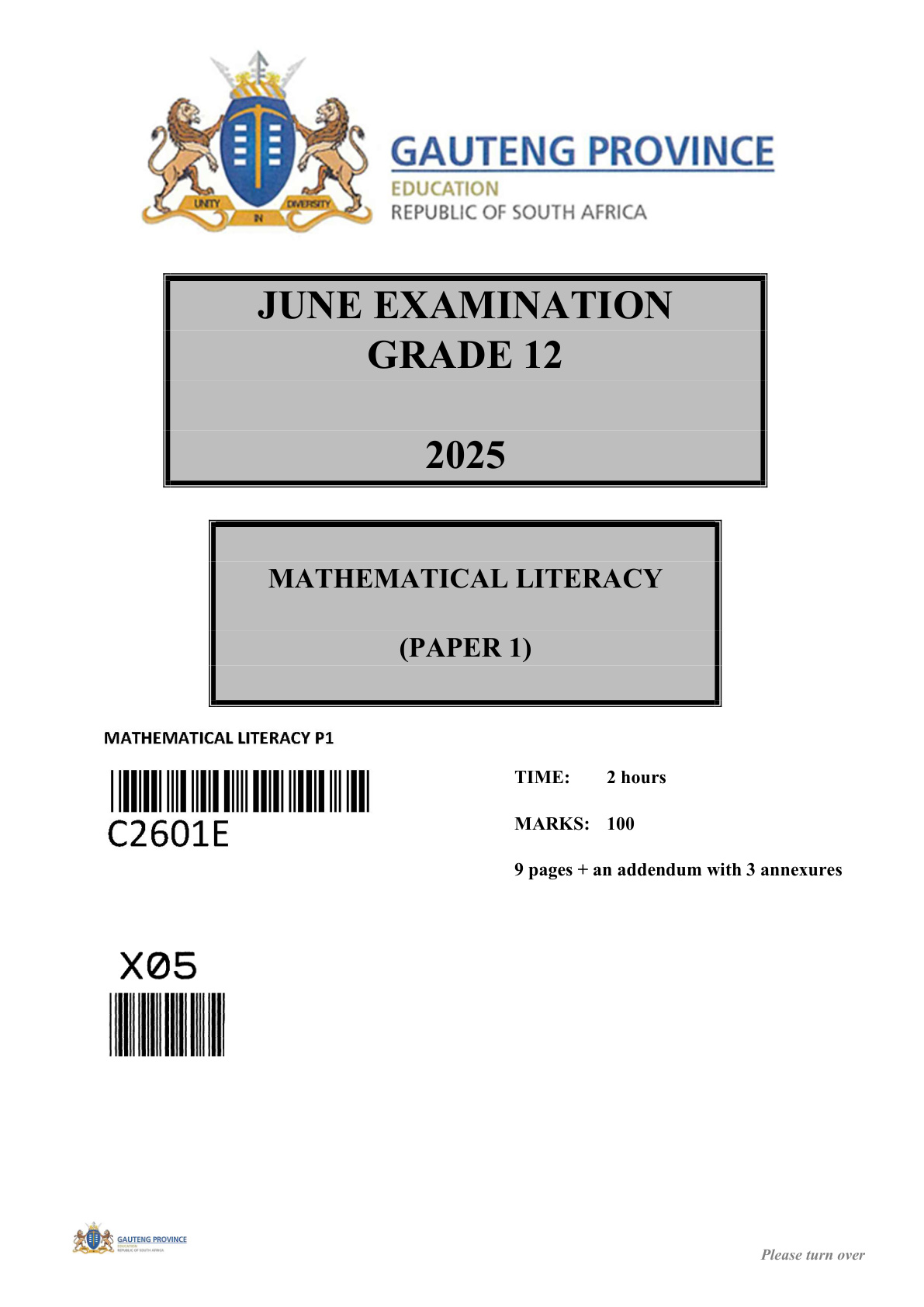Mathematical Literacy Paper 1 (Gauteng) June 2025 Grade 12 DBE