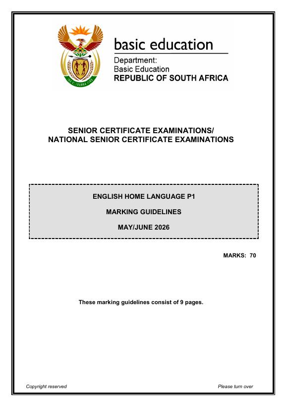 English Home Language Grade 12 DBE CAPS May 2026 Paper 1 - Memo